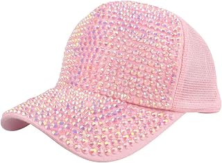 YUNZLAN Women Bling Shiny Rhinestones Sun Visor hat mesh Breathable Cap Sparkle Bling Flag Cap Adjustable Baseball Cap