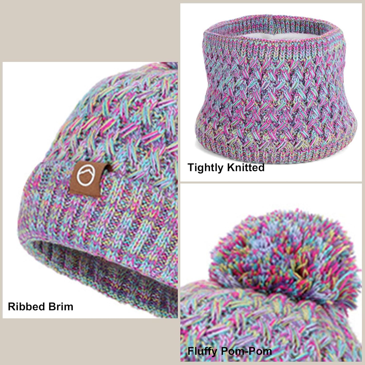 Kids Winter Hat Gloves Scarf Set, Pom Wool Warm Fleece Beanie Knit Neck Gaiter Mittens for 4-10 Years Children - Image 3