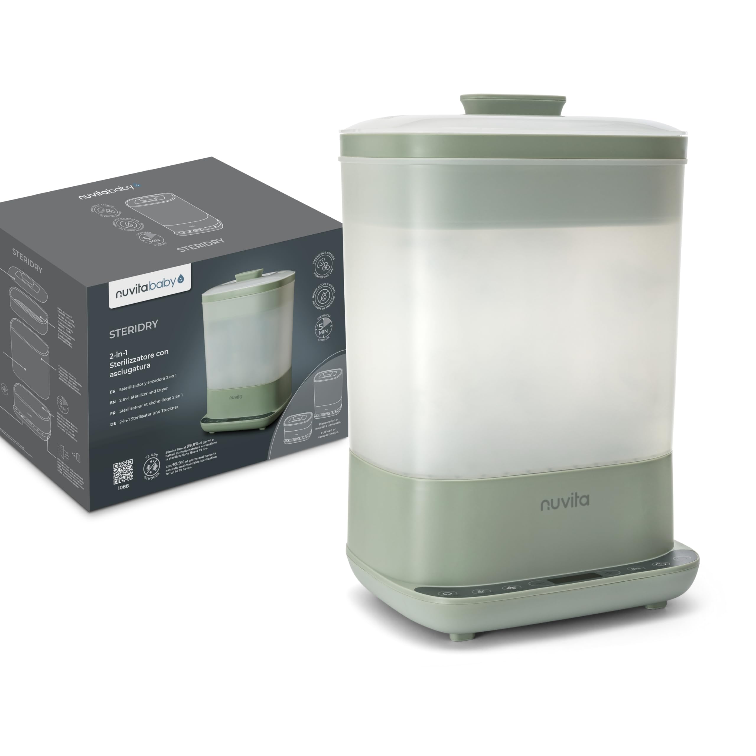 Nuvita 1088 SteriDry Stérilisateur et Séchoir 2-en-1 pour Biberons - Stérilisation à Vapeur 99,99%, Filtre HEPA pour un Séchage Purifié, Conservation Stérile pendant 72H, Grande Capacité, Minuterie