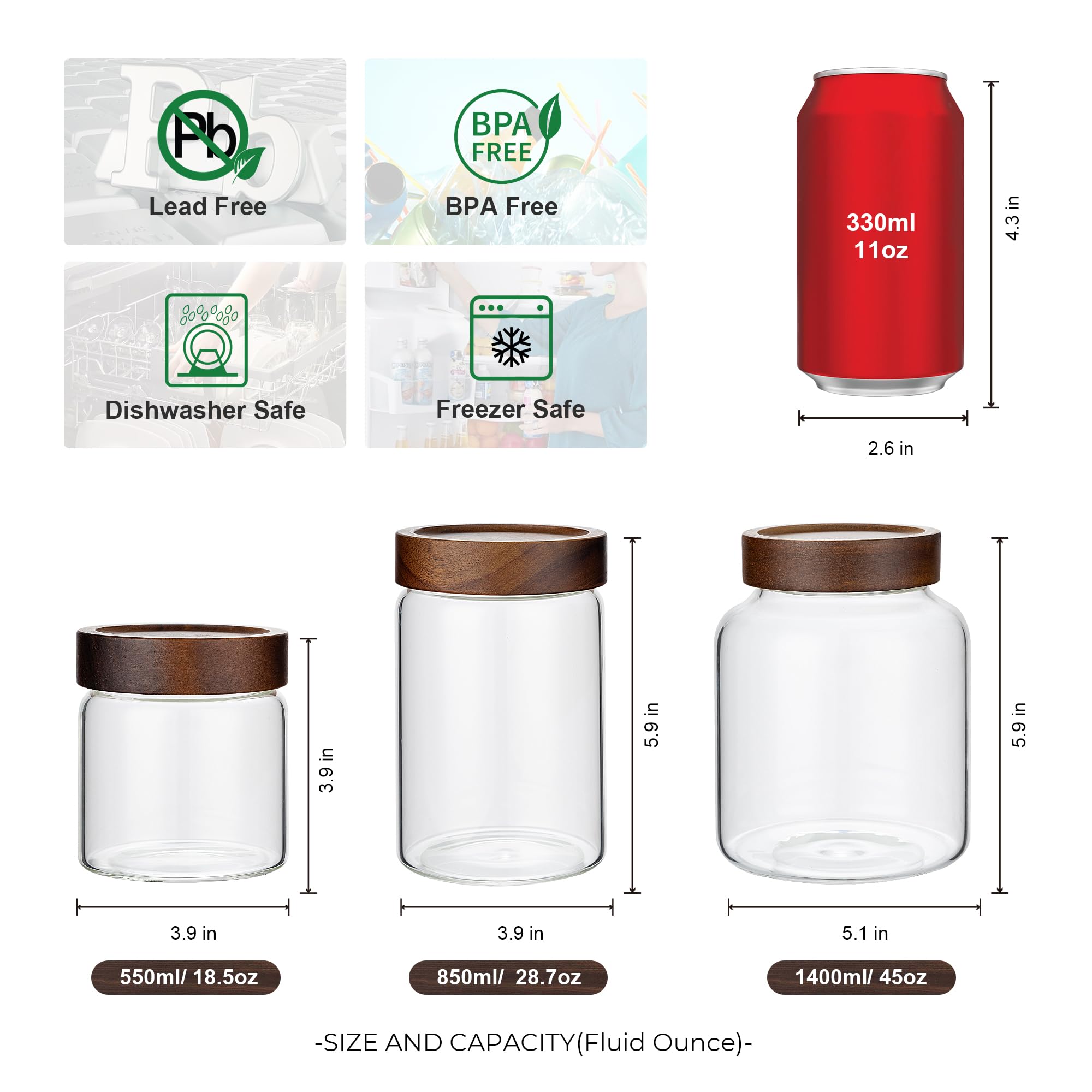 1 tarro de almacenamiento de vidrio con tapas herméticas, recipiente de café de 850 ml con tapa de madera, recipiente de vidrio para despensa para frijoles, arroz, azúcar, etc