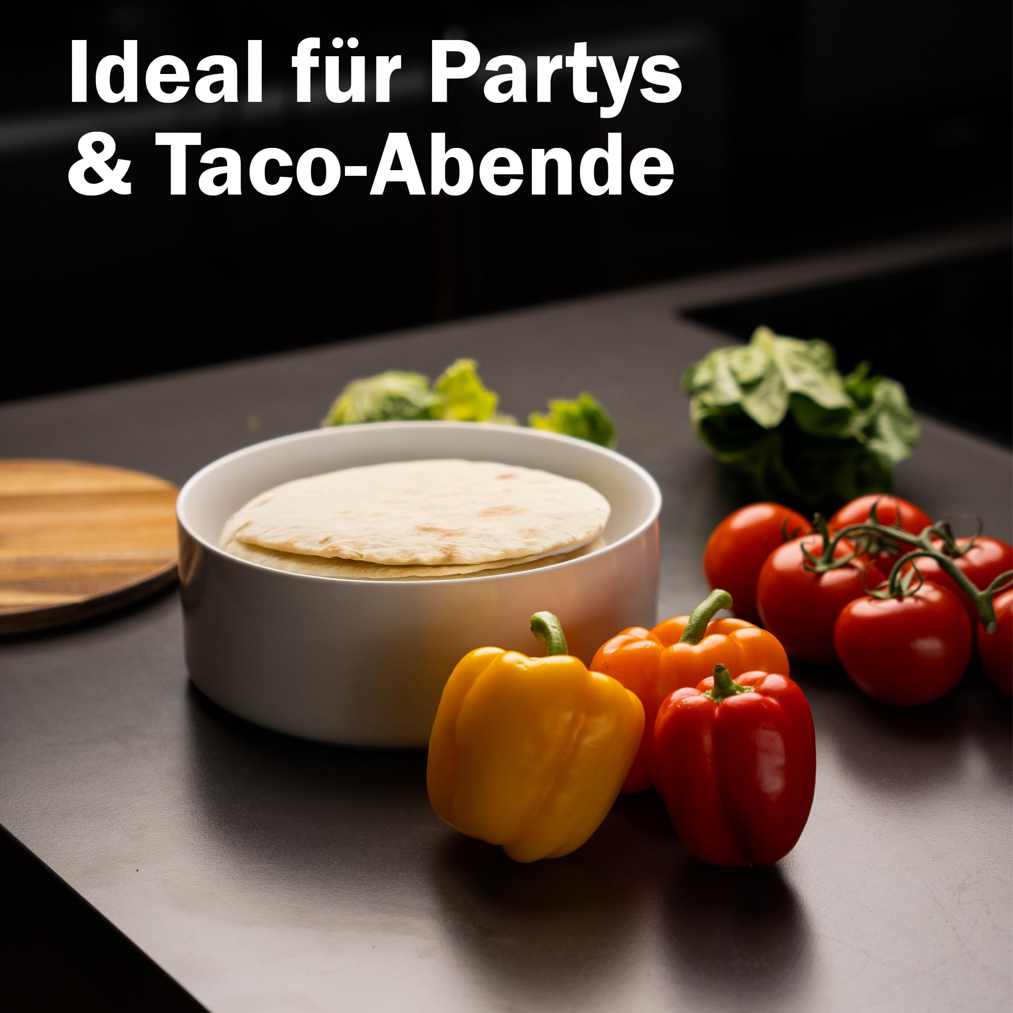 Tortillada - 23,5 cm Tortilla Wärmer mit Holzdeckel, Keramik Tortilla Warmer, Wrap Wärmer - Für Mikrowelle geeignet