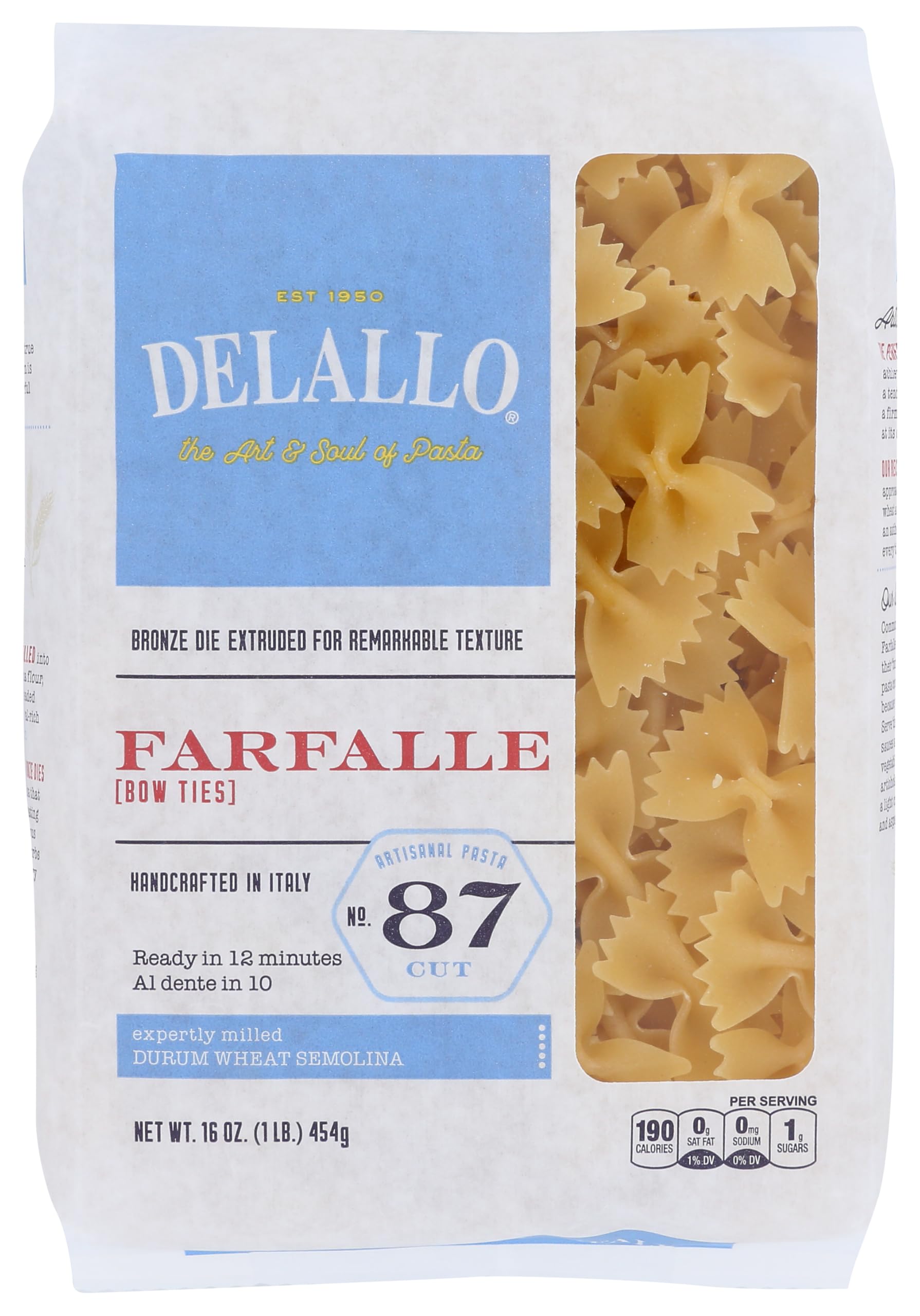 DeLallo Farfalle Pasta, Bow-Tie Shape, Made in Italy, Bronze Cut, Made with Only 100% Durum Wheat Semolina Flour, All Natural, Non-GMO, Kosher, Vegan,1 Pound Bag, (16 Pack)