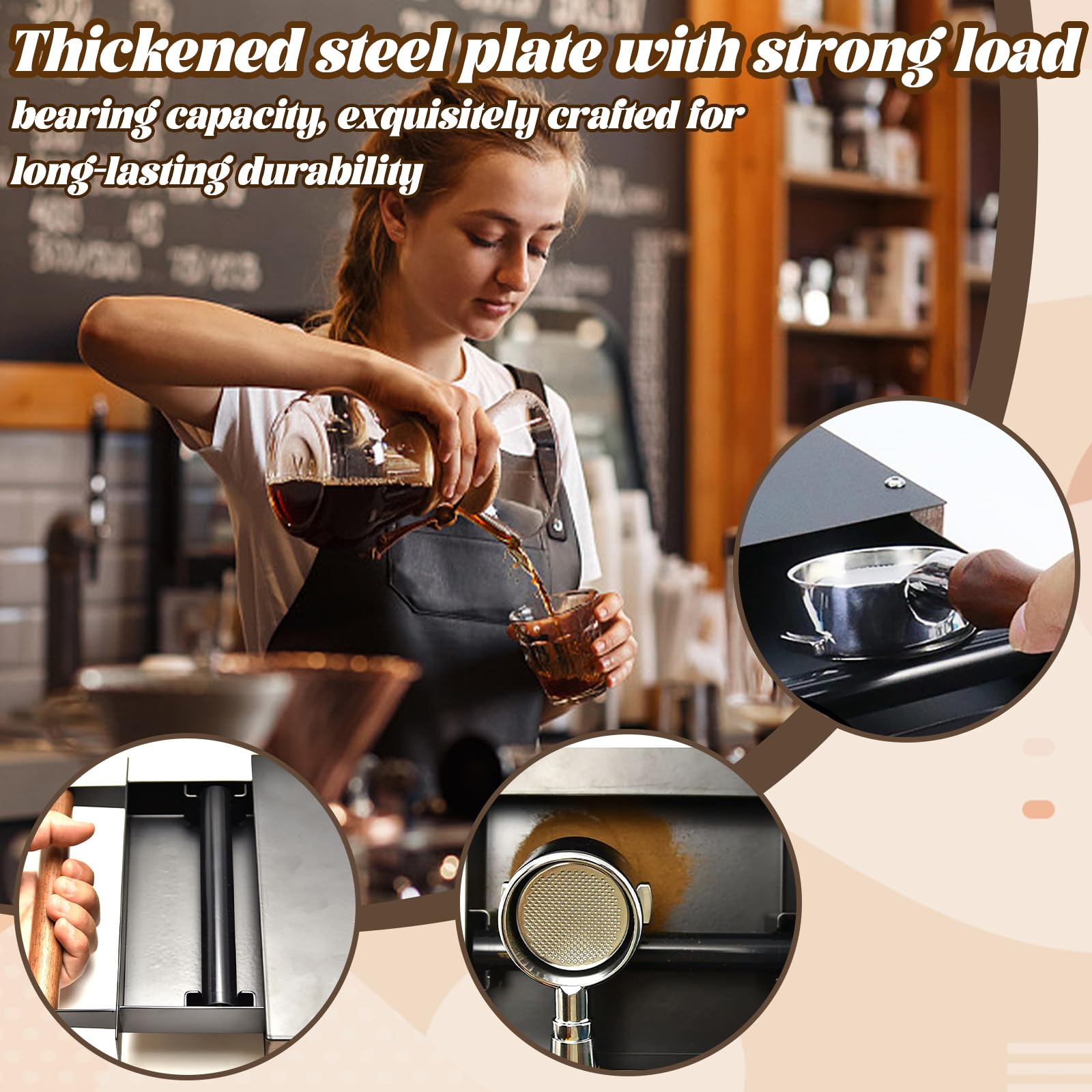 Cajón Para Posos De Café, 32,7 x 20 x 4,5 cm Caja Knocker De Acero Inoxidable Para Portafiltros Con Barra Antigoteo Extraíble Y Asa De Madera De Estilo Para Cafeterías Restaurantes Y Uso Doméstico