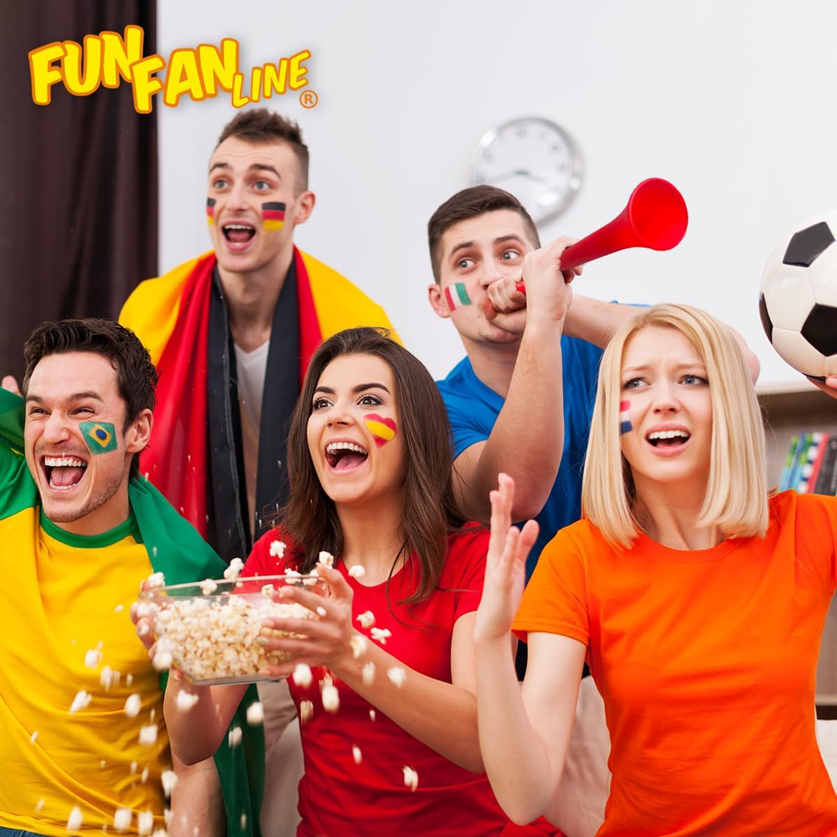 Pack Personalisierbare Vuvuzelas 120 DB | Kombinieren Sie 3 Farben (Trompete, Blasebalg, Ring) für Ihr Team oder Ihre Party | Laute Animationshupe