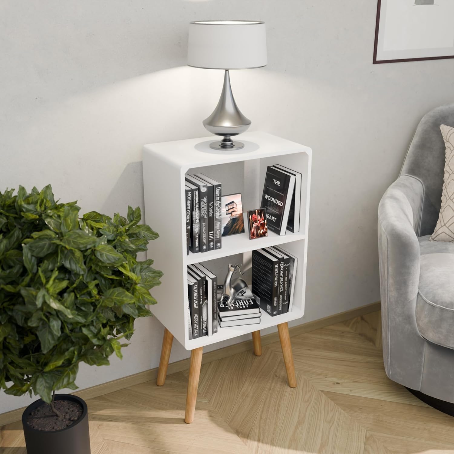 2 Tier Wooden Side Table Book Shelf for Home Library Book Stand Rack for Kids Self Organizer Storage for Living & Study Room (White)-image-18
