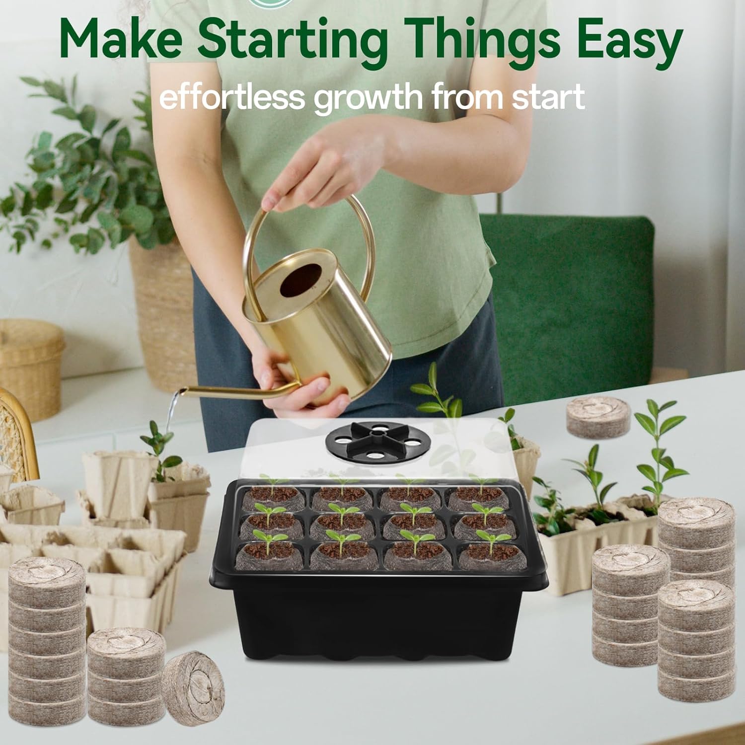 Halatool 8 Pack Seed Starter Tray with 100 PCS Peat Pellets, 96 Cells Black Seeding Starter Trays for Organic Seed Starter Soil Pods for Planting Vegetables Plants Flowers - Starting Seeds Kit