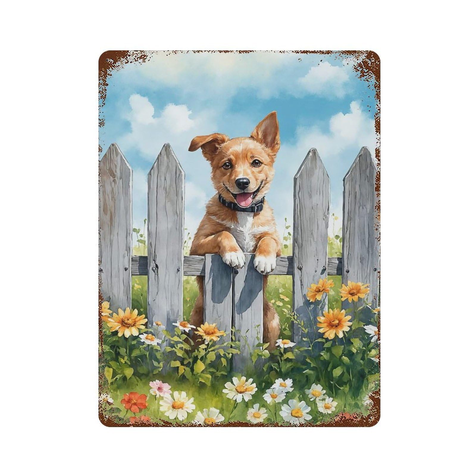 Distressed Metal Wall Sign Watercolor Puppy Peeking Over Fence 15.7"x11.8", Vintage Wall Decor for Garage, Bar And Workshop Decor