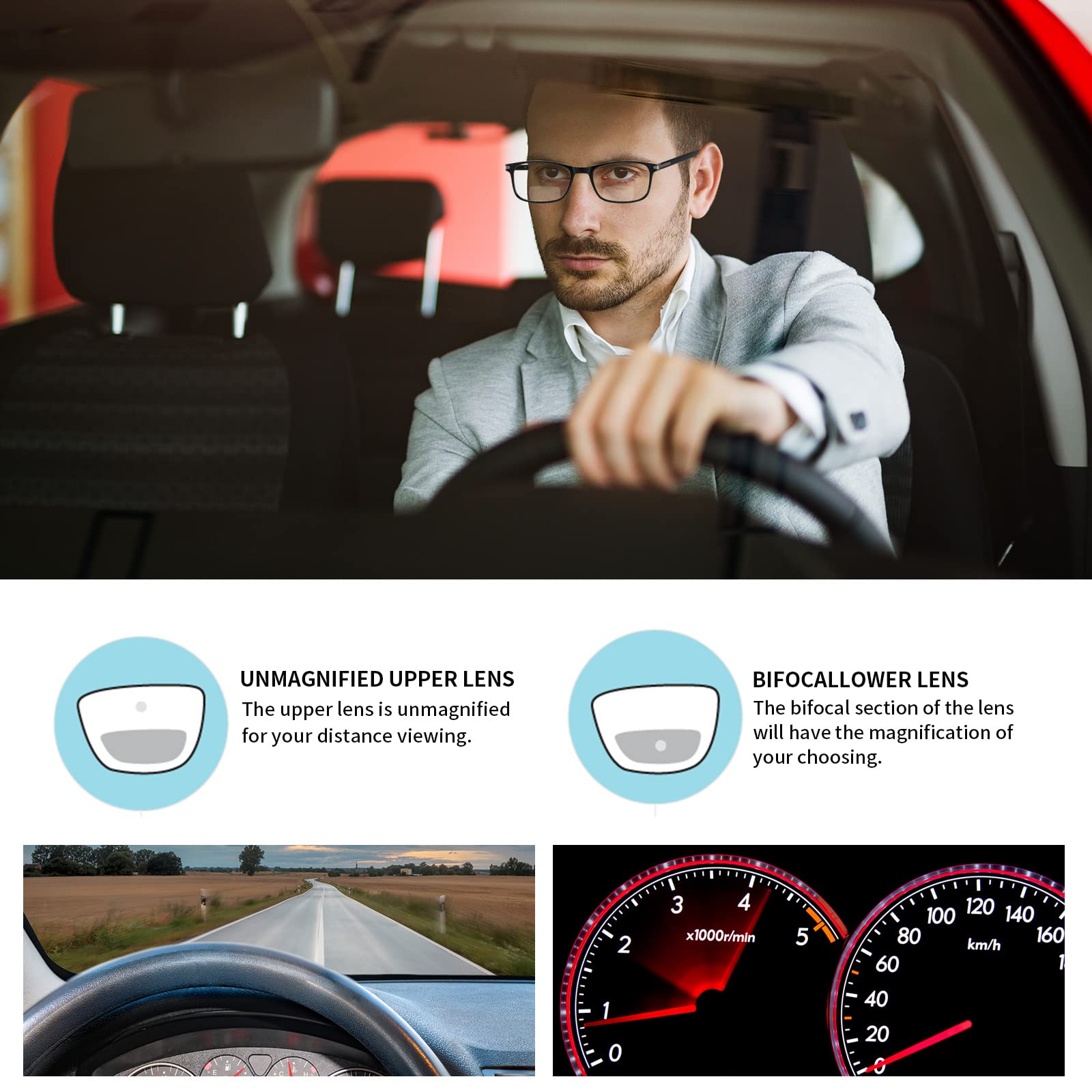 LKEYE Gafas de Lectura Bifocales Hombre Mujer Bloqueo Luz Azul Lector de Computadora Gafas Progresivas Gafas Anchas Transparente Diseñador de Moda Gafas de Transición Negro + Gris Claro M