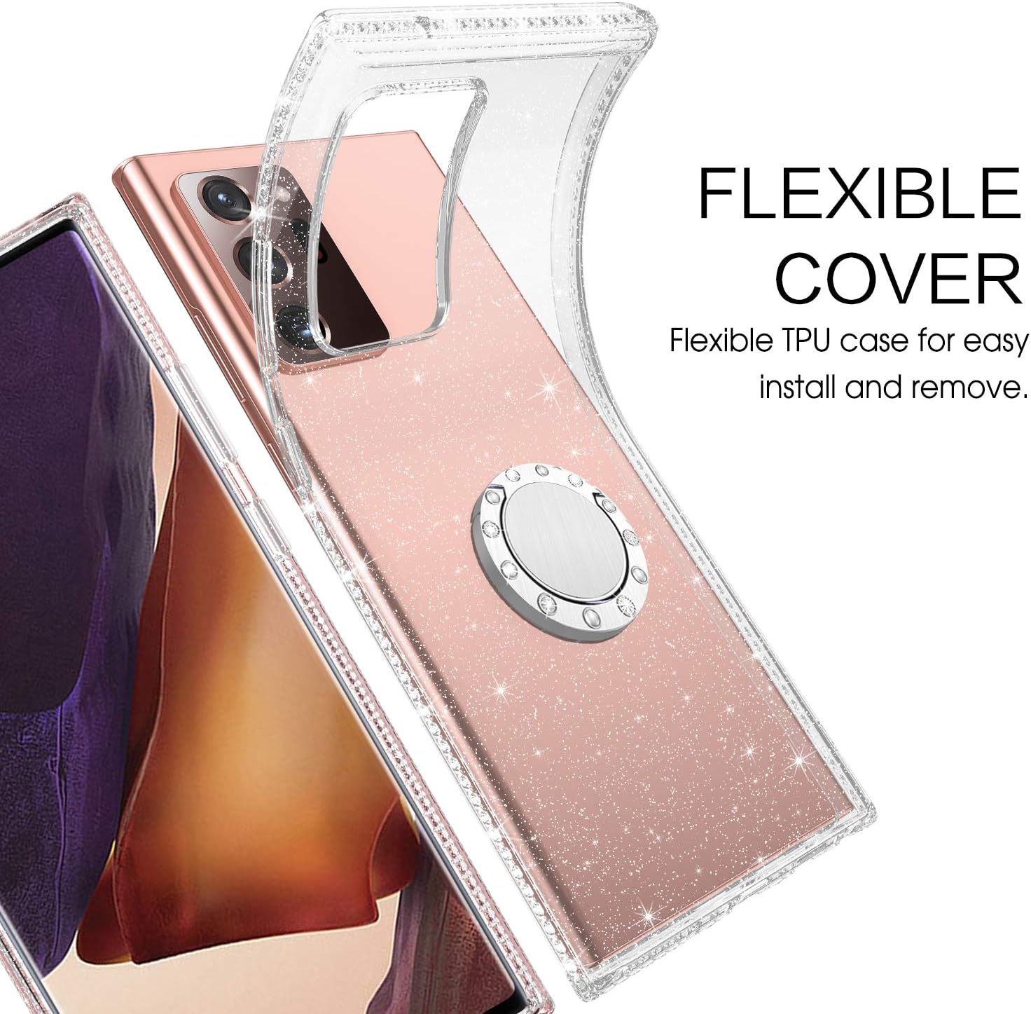 BENTOBEN Samsung Galaxy Note 20 Ultra Case, Note 20 Ultra 5G Case 2020, Slim Clear | 360° Ring Holder Kickstand | Rhinestone Soft Rubber Hybrid Shockproof Protective Girls Women Cover, Clear Glitter