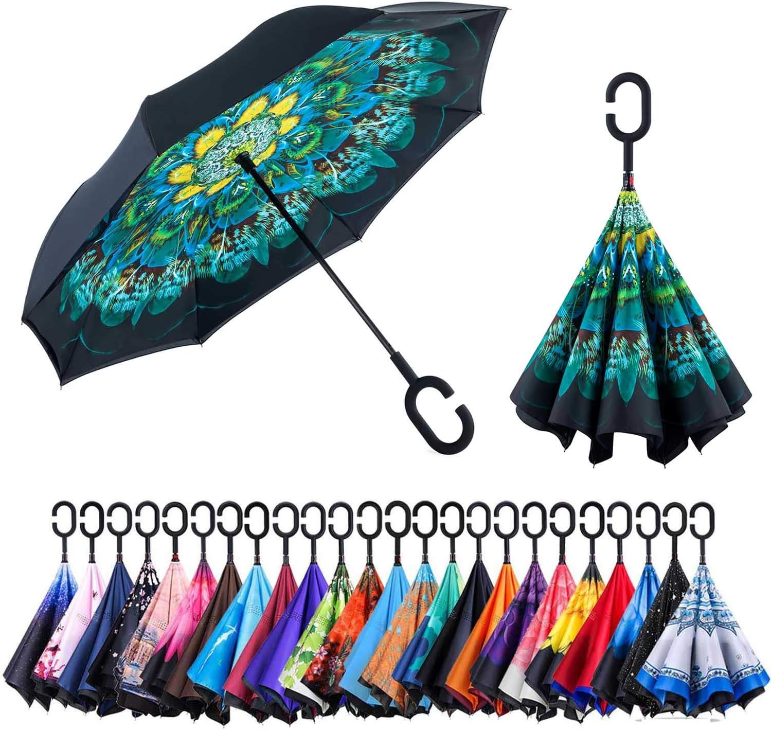 Newsight Reverse Umbrella, Double Layer Inverted Umbrella Upside Down, Self Stand, C Shape Handle, Inverse Inside Out Folding for Car, Windproof, Waterproof, Sun Protective (Peacock Flowers)