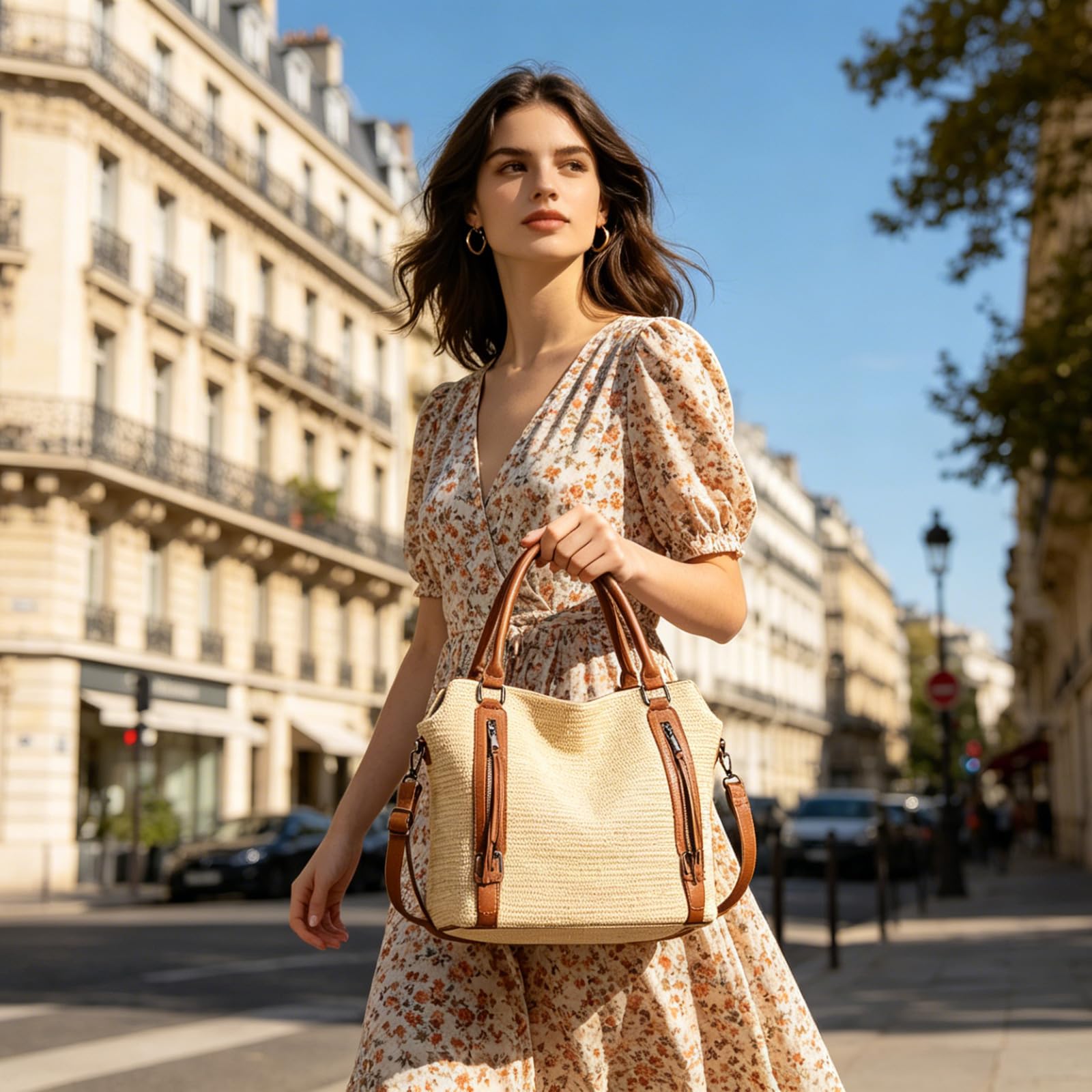 Borsa in paglia intrecciata con tracolla regolabile e tasche multiple, elegante borsa a tracolla in tessuto da donna per uso quotidiano borsa per la spesa