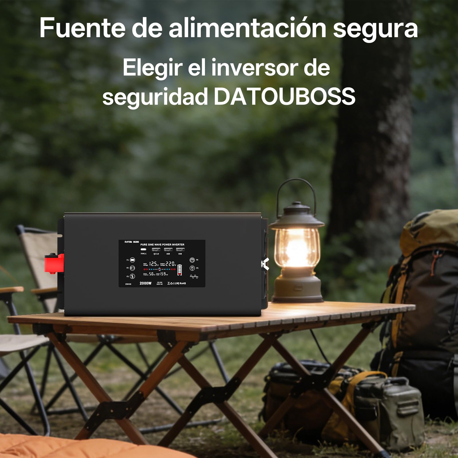 DATOUBOSS Inversor 24V 220V 2000W Onda Pura, Convertidor 4000W(Pico) con 2 Enchufes de la UE, Transformador con 4 USB (1xQC3.0, 1xUSB-C, 2xUSB-A), Pantalla LCD,Mando a Distancia,para Coches Camiones