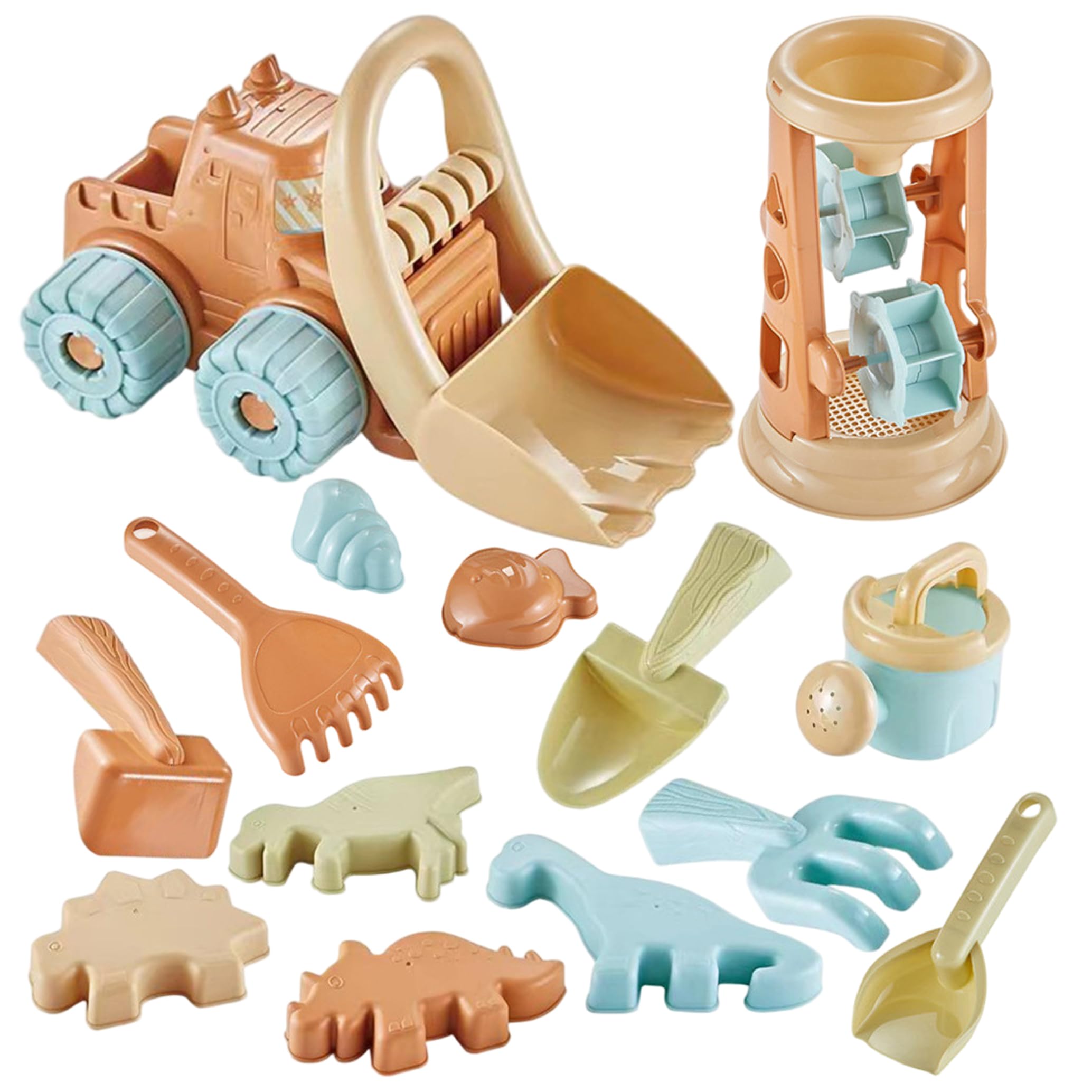 Giochi con sabbiera, 19 Pezzi: Set Giochi con Sabbia - Giocattolo da Spiaggia per Bambini da 1 a 3 Anni con Carrello, Clessidra, stampi e Pale, Colore Cammello