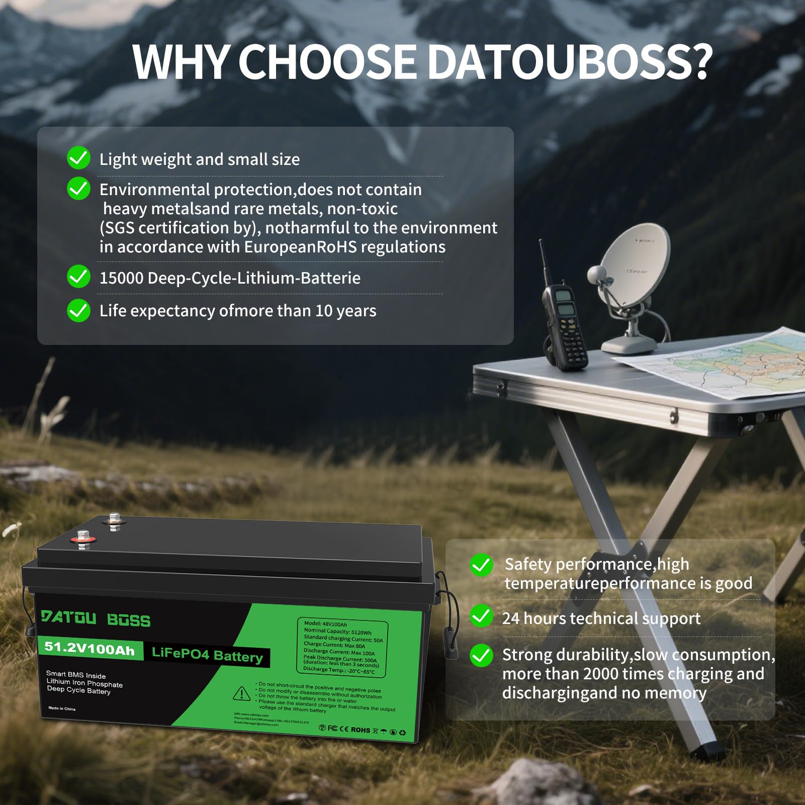 DATOUBOSS Batterie Lithium 48V 100Ah LiFePO4,BMS intégré 100A,15000+Cycles Cycle Profond Batterie Lithium,Max 5120W Puissance supportée en série/parallèle,Parfait pour Solaire, Off-Grid