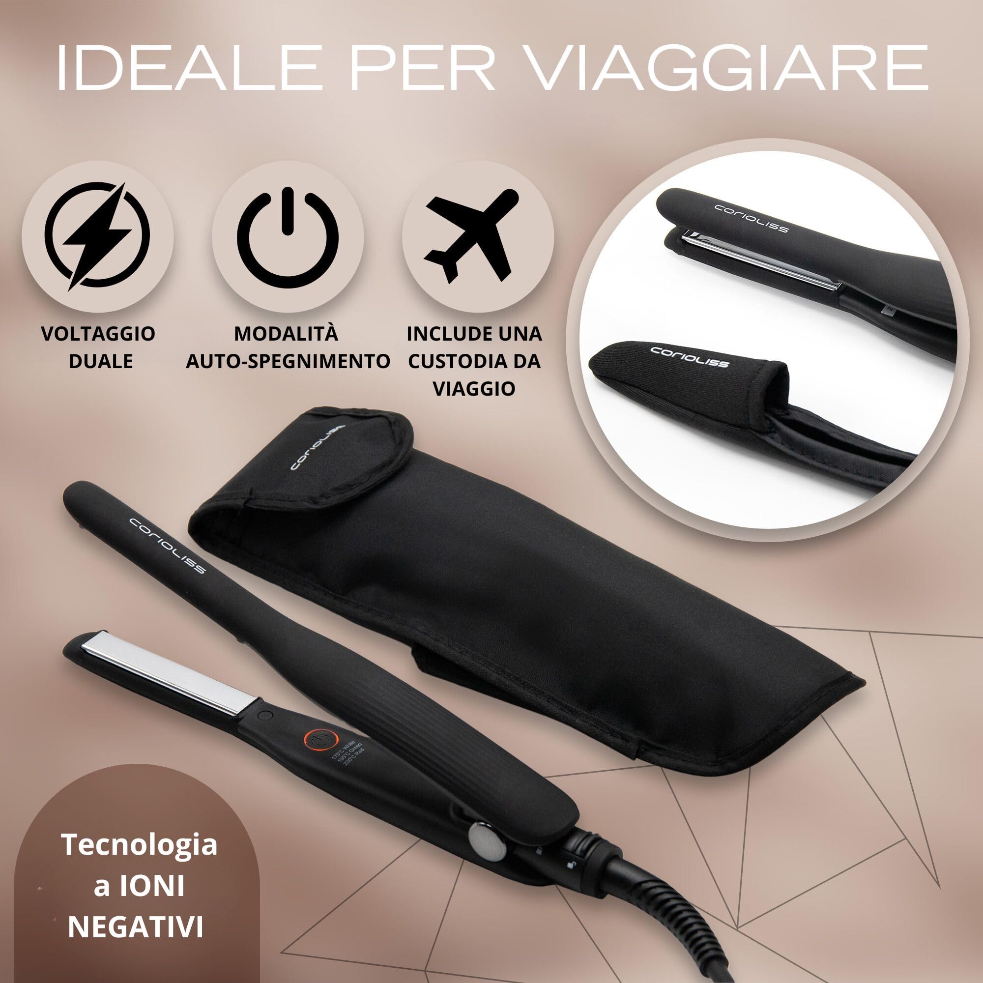 Corioliss Piastra per capelli Mini C-Slim con piastre extra sottili in titanio | Perfetta per Frangia e Capelli Corti | Uomo e Donna | Ionica | Anticrespo Black.