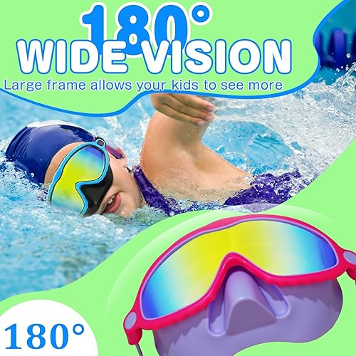 Miniatura 4 de XDX Gafas de natación para niños con cubierta para la nariz, paquete de 2 máscaras de buceo de visión amplia, antivaho, UV, sin fugas, gafas de