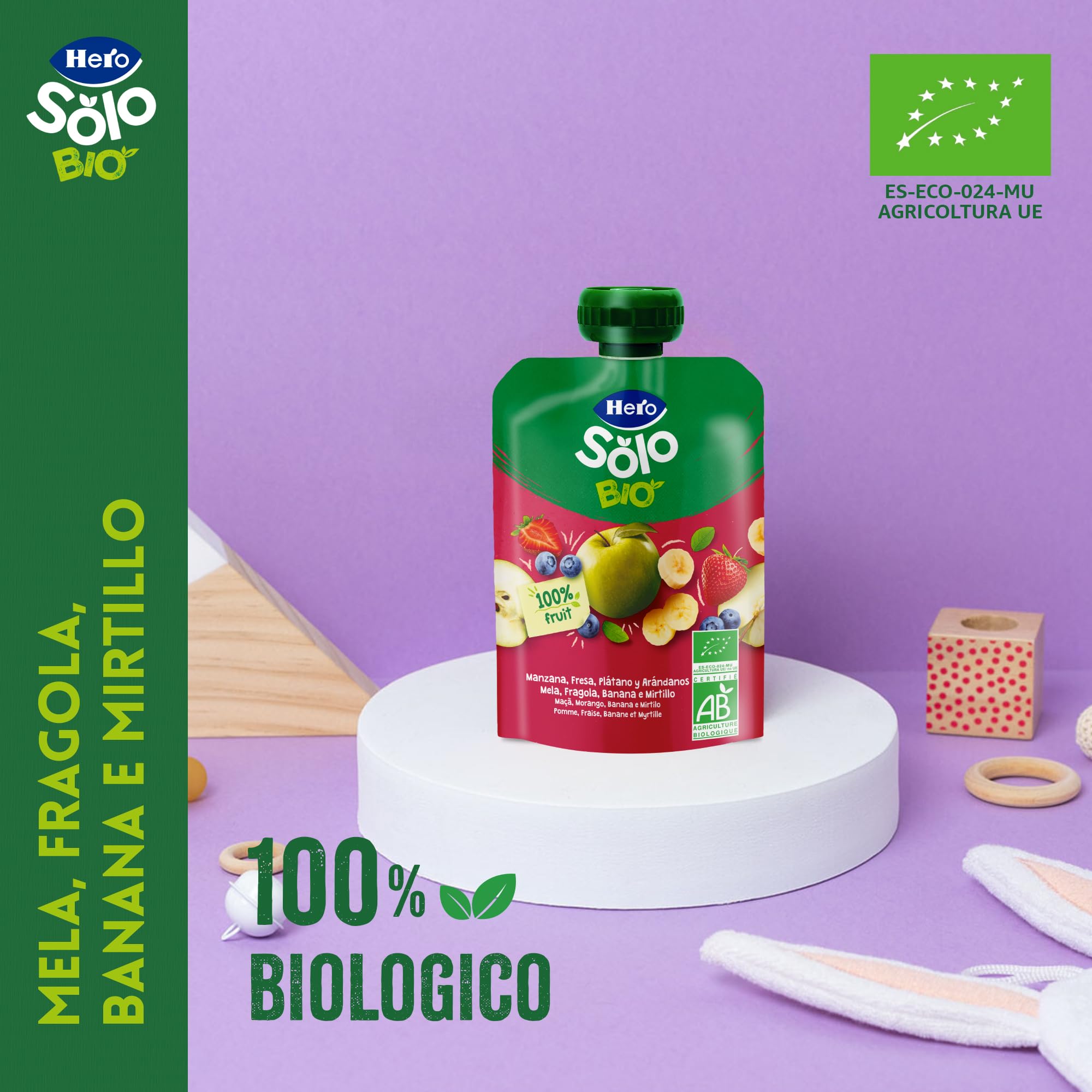 Hero Solo Pouch Frutta Frullata 100% Bio Mela, Banana, Fragola e Mirtillo, senza Zuccheri Aggiunti, Conservanti e Coloranti, senza Glutine, dai 4 Mesi in su - Pack da 18 Confezioni X 100 G