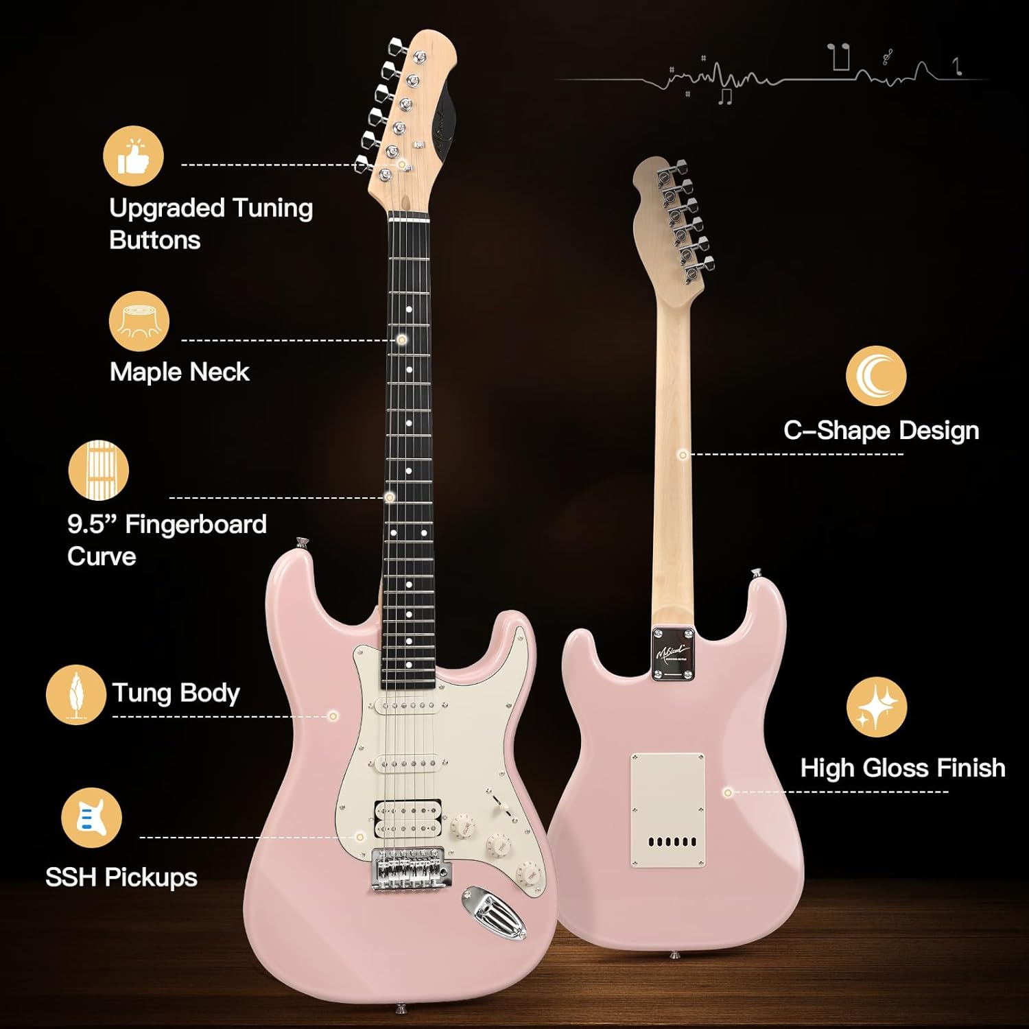 Musicool 39 Inch Electric Guitar Starter Kit– HSS Pickups Solid Body Electric Guitar Includes Amplifier, Bag, Digital Tuner, Strap, String, Cable, Picks, Beginner Gift（Pink ）