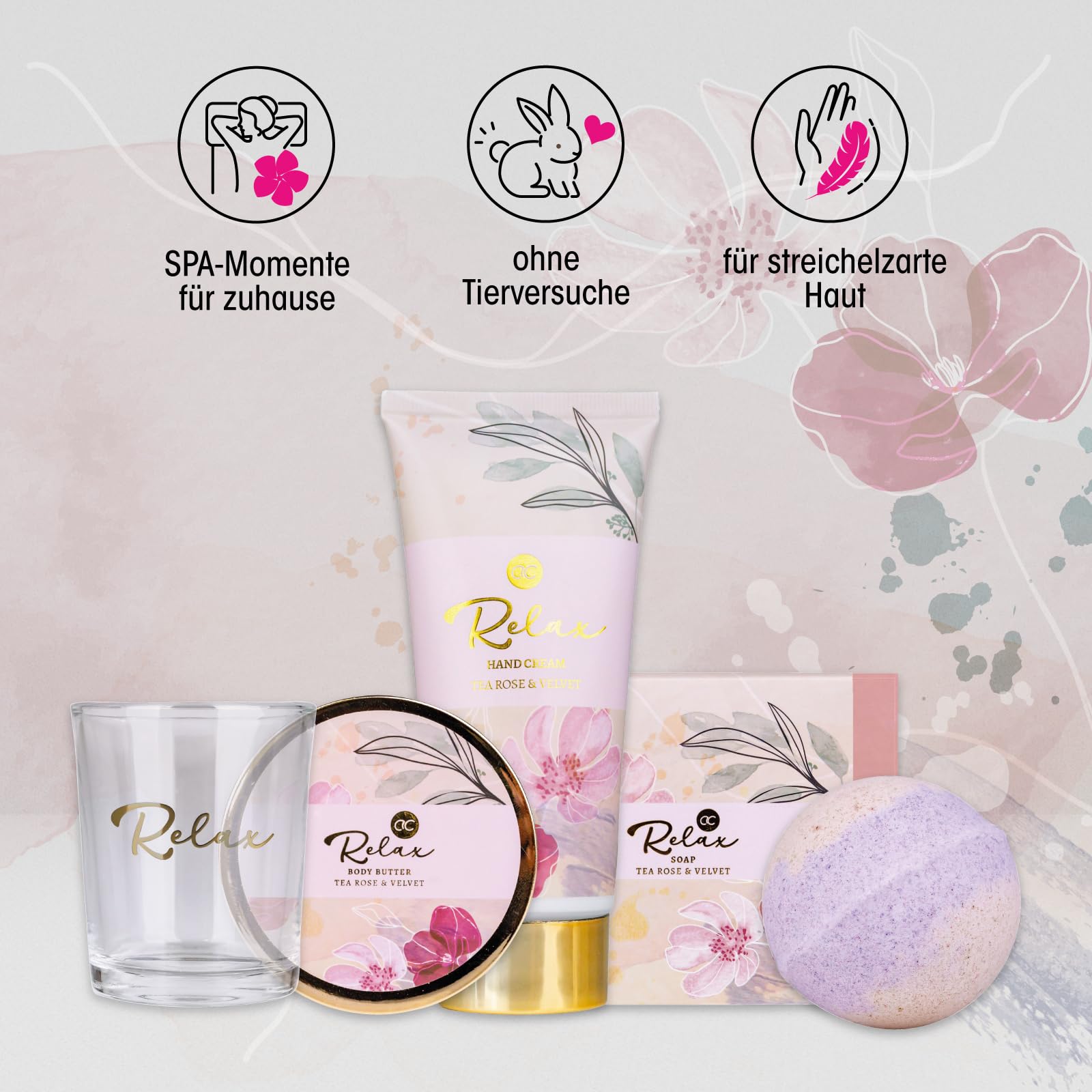 Accentra - Bath and treatment set RELAX gift box - Wellness gift kit 5 pcs for women - includes body butter, soap, hand cream, bath bomb and scented candle, scent: Tea Rose & Velvet — view 5