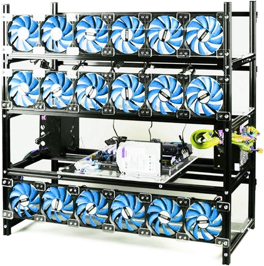 Open Air Mining Rig Stackable Frame 19 GPU Case With 18 Fans For ETH Z Cash (Black, Blue LED Fans)