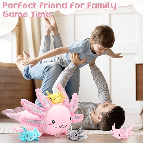 Miniatura 7 de Aoriher Juego de 5 piezas de peluche de ajolote de 24 pulgadas con 4 lindos bebés de peluche en el vientre, suave peluche de ajolote para niños que