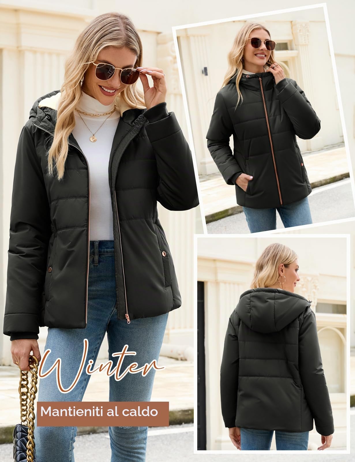 Giacca da Donna Invernale Mezza Stagione Cappuccio con Cappuccio Elegante Giacca Giubbino Imbottito Autunno Invernali Giubbotto Caldo Parka Casual Outwear con Tasche