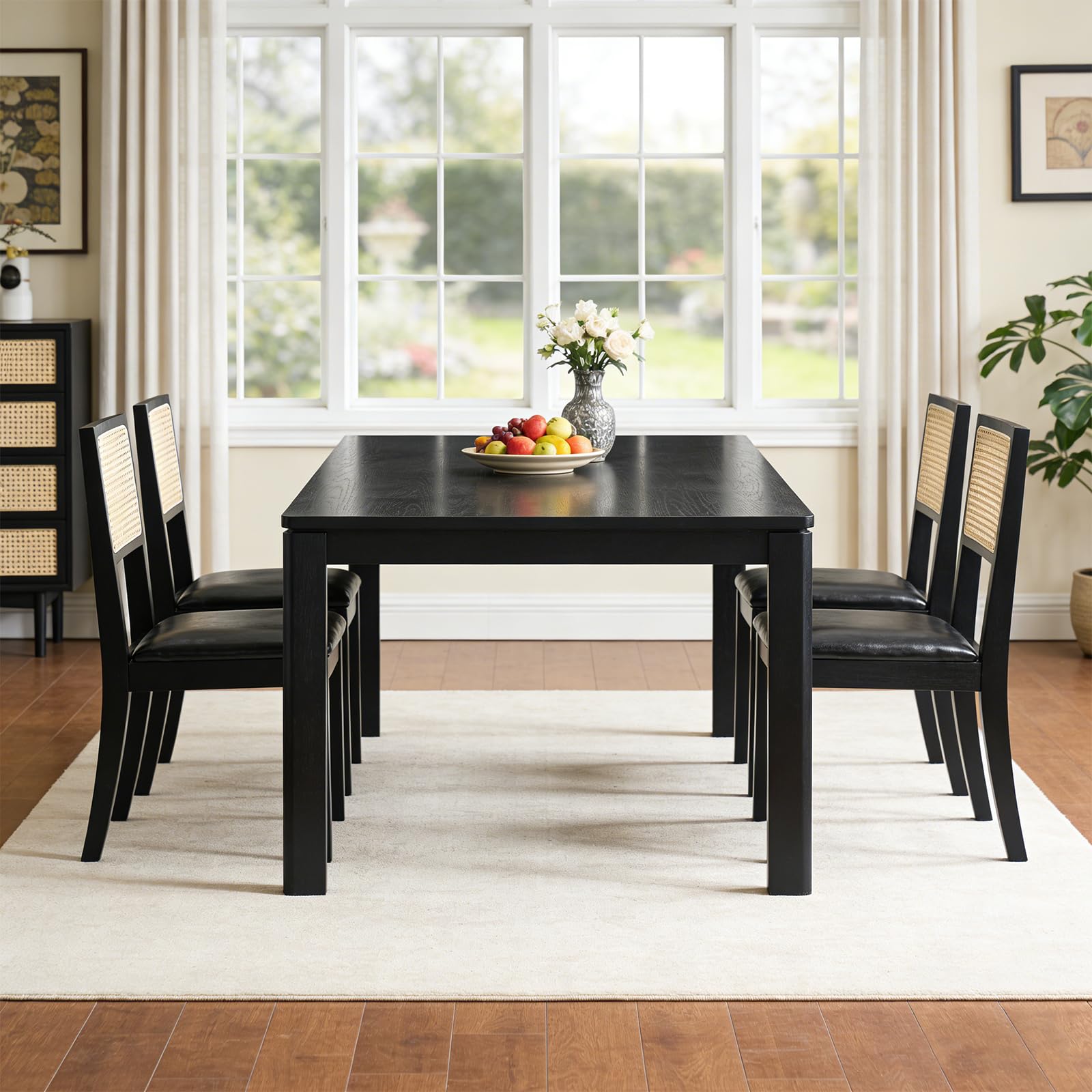 Orirsnug Rattan Dining Chairs Set of 4, Retro PU Leather Upholstered Kitchen Chairs with Rattan Woven Backrest & Sturdy Wooden Legs, Ergonomic Accent Chairs for Dining Room, Living Room, Black