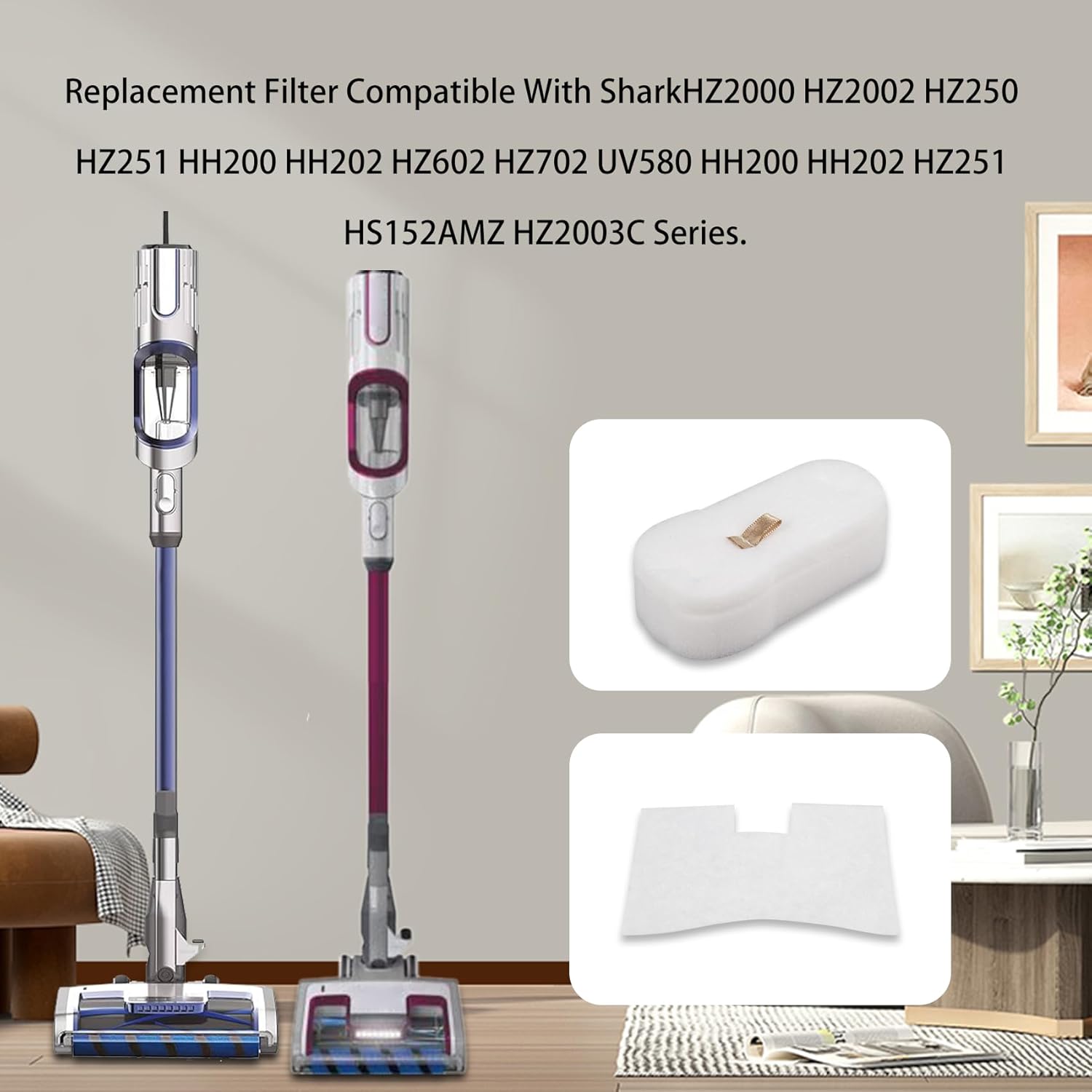 Image showing two Shark stick vacuums and the replacement foam and felt filters, indicating compatibility.