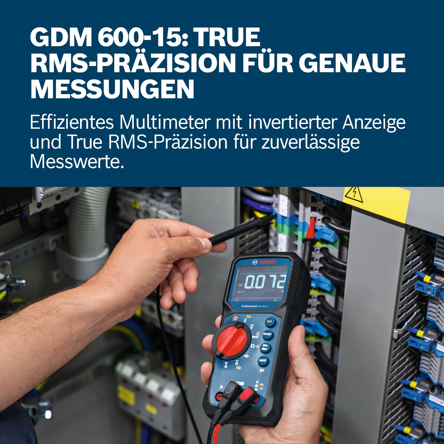 Bosch Professional Digitales Multimeter GDM 600-15 (True RMS, invertiertes LCD, misst Frequenz/Durchgang/Widerstand/Kapazität, Min/Max/Durchschnitt, Messleitungen MS 90)