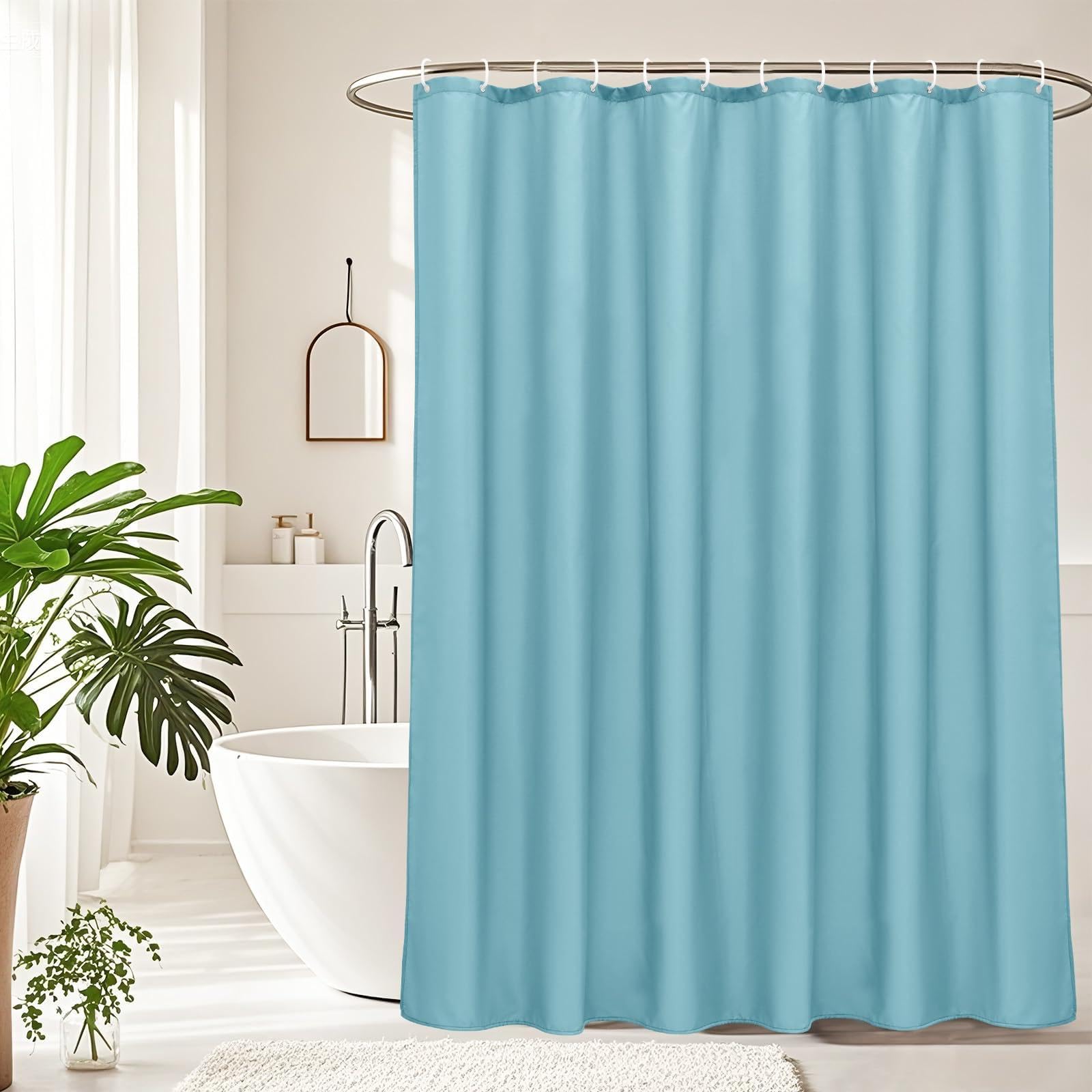 Cortina de Ducha de Color Azul sólido, 220 x 200 cm, Extra Larga, de Tela, poliéster Suave, Repelente al Agua, de Secado rápido, con Ganchos.