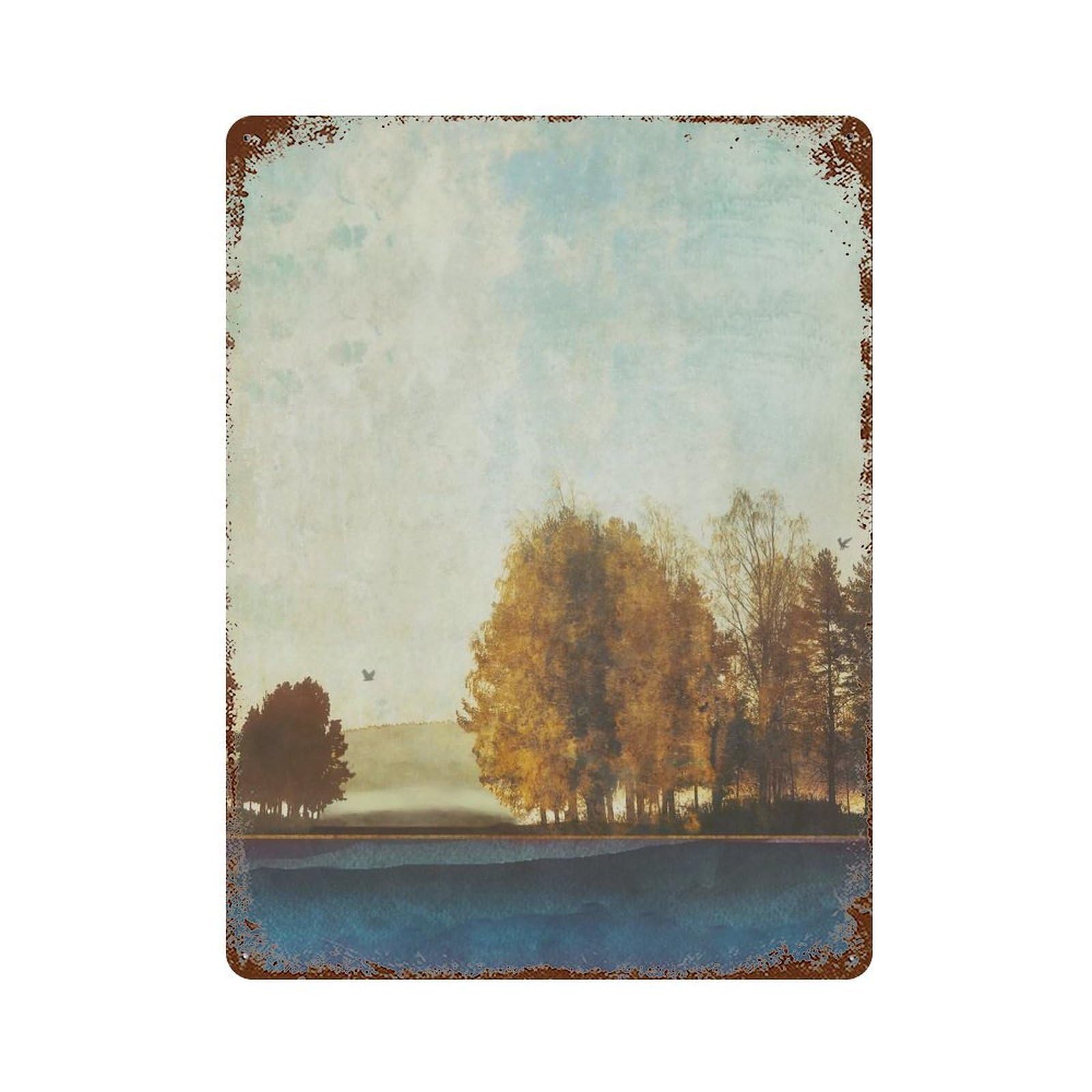 Rust Effect Autumn Afternoon Rustic Tin Plaque 15.7"x11.8", Classic Wall Plaque for Shed, Workshop And Garage Wall Decor