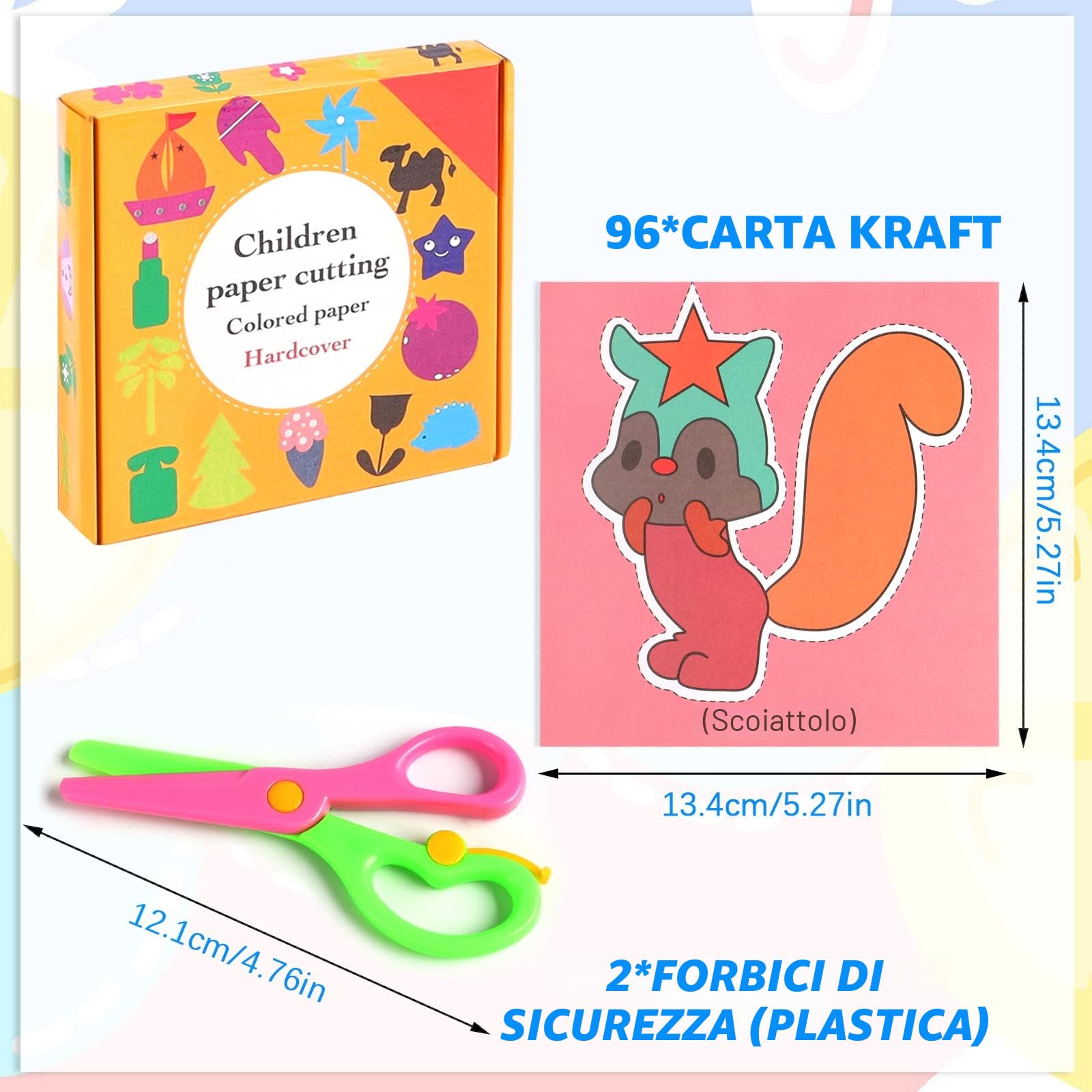 Kit Taglio CARTA, 2 Forbici di Sicurezza per Bambini in Plastica, Vieni con 96 Fogli di Carta con Animali e Frutti - Per_PIENA CADUTA!