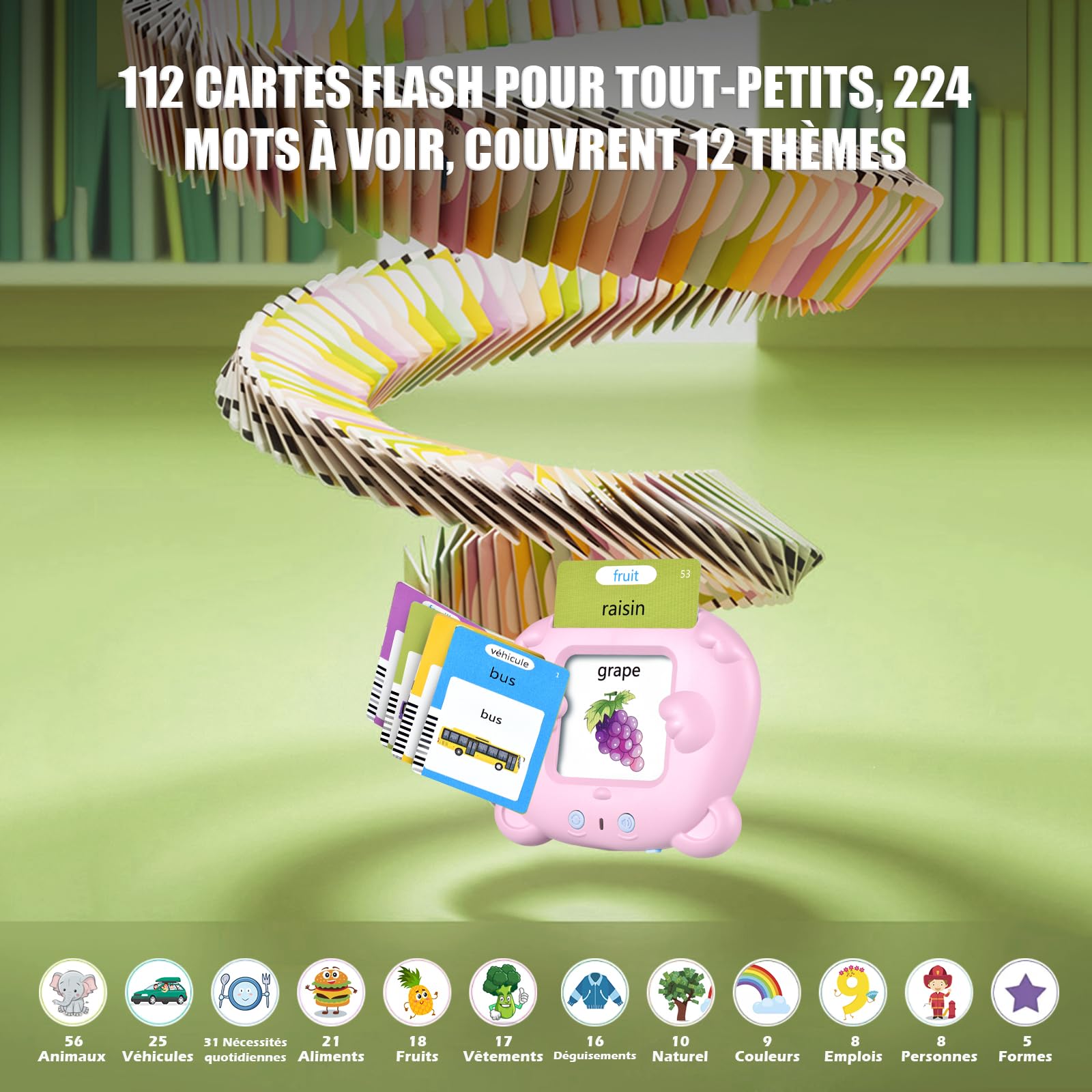 Mówiące karty flash Montessori edukacyjne dla dzieci w wieku 3 lat Rozmowa Flash Cards 112 arkuszy 224 słowa, zabawki edukacyjne do nauki mówienia, francuski/angielski/dwujęzyczny (różowy)
