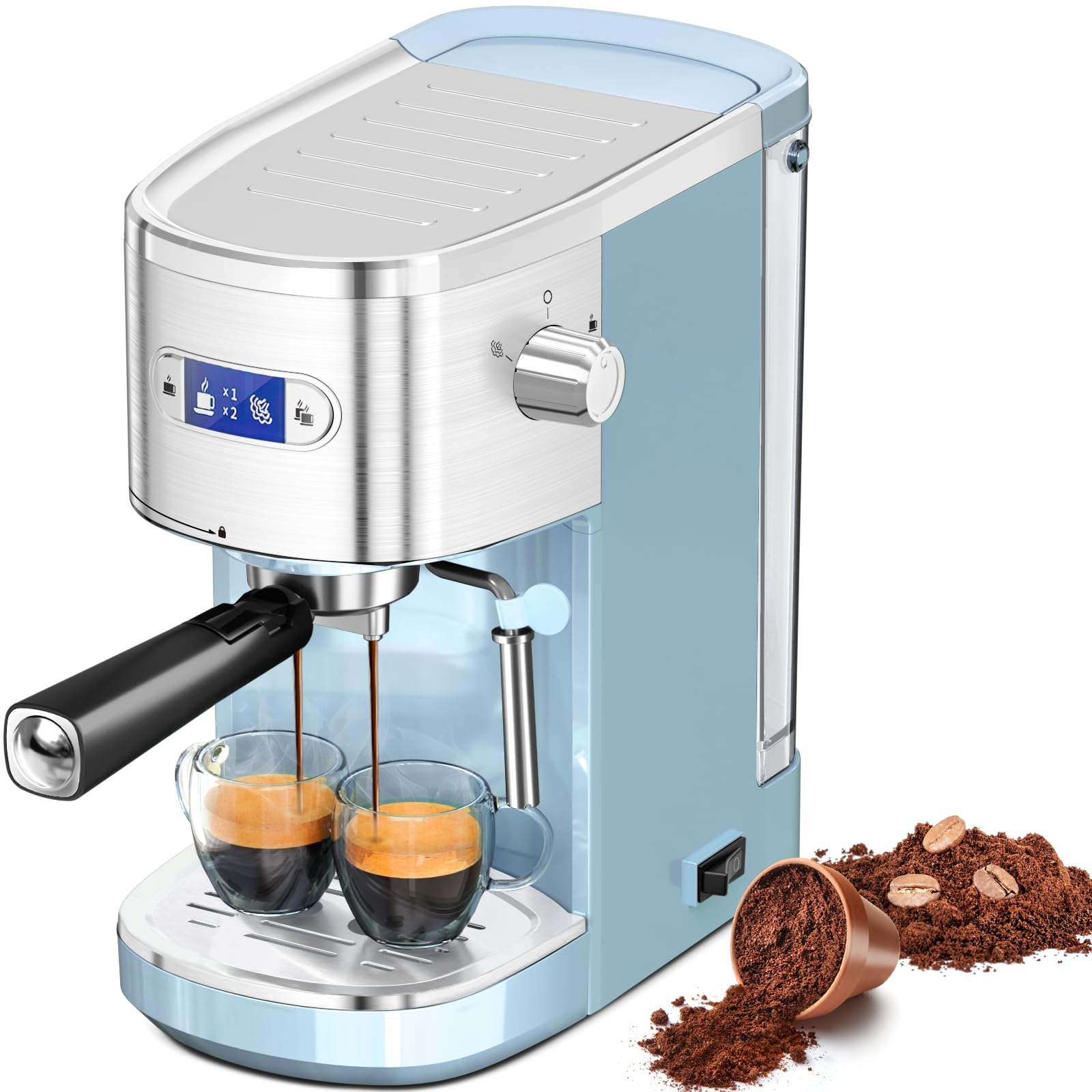 Electactic 20 Bar Espresso Machine, Professional Stainless Steel Coffee Maker with LCD Display, 45oz Removable Water Tank, Home &amp; Office Espresso Maker for Cappuccino Latte Macchiato, Blue