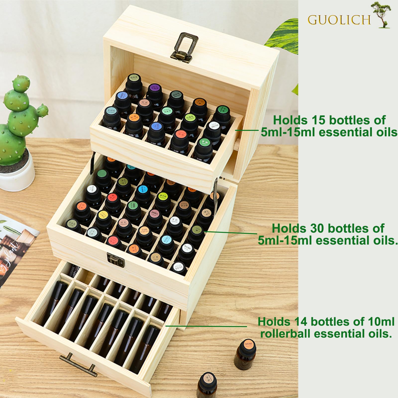 Rose Flower Caja de Almacenaje de Madera de Aceites Esenciales y Aromaterapia Contiene de 5 a 15 ml de Aceites Esenciales para Perfumes, Cosméticos, Joyas Esmaltes de Uñas Minerales 59 Ranuras
