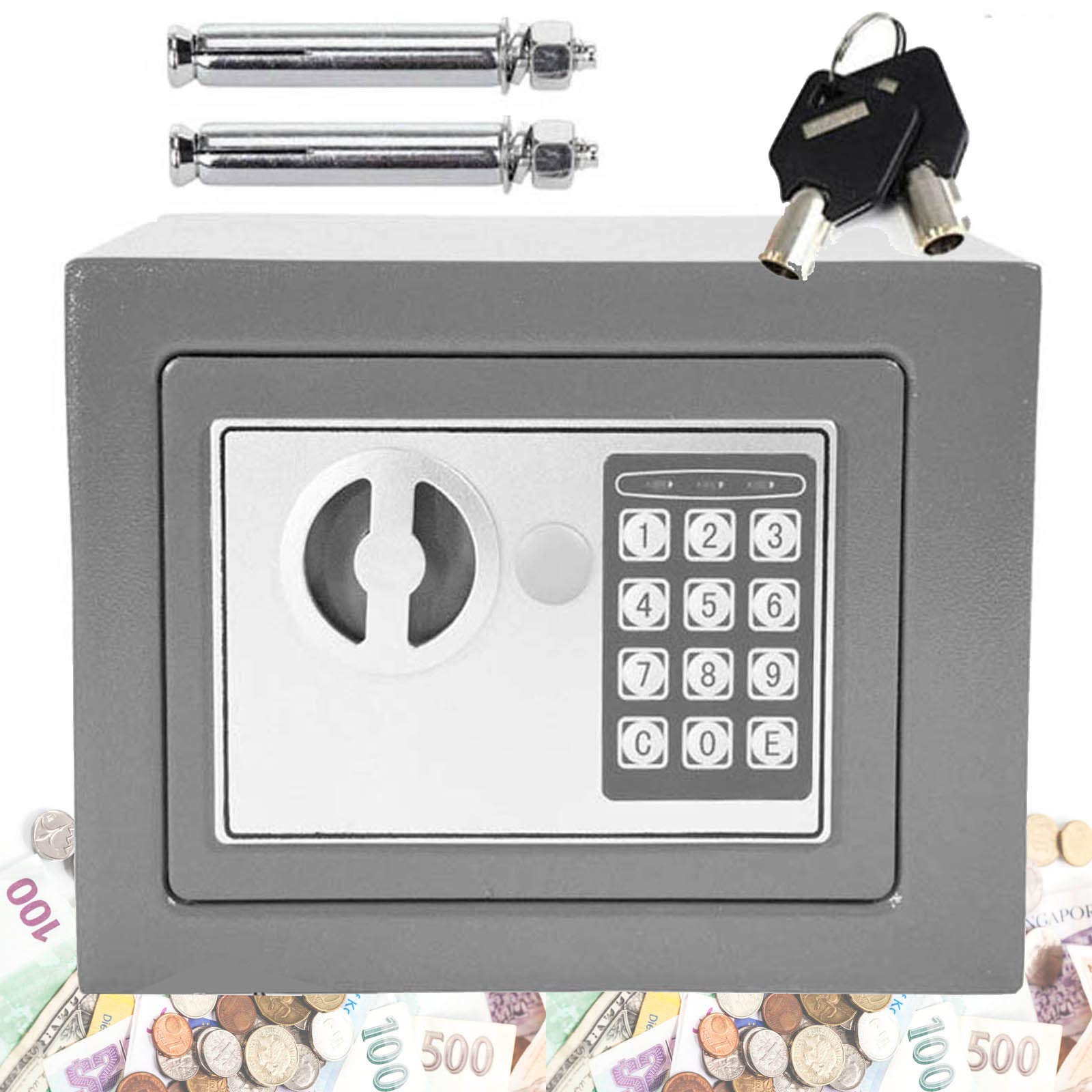 Digital Safe 4.6L Security Cash Jewelry Box Solid Steel Combination Lock With Key Freestanding Wall Floor Mounted 170 * 230 * 170mm, Grey