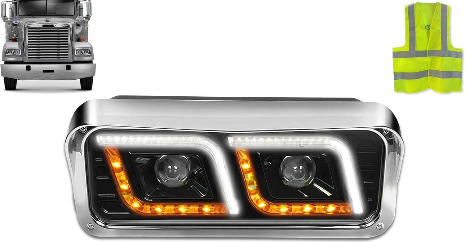 KOZAK LED DRL DUAL Black Projector Headlight (Passenger Right Side) Compatible with Freightliner CLASSIC PLUS Log Reflective Vest