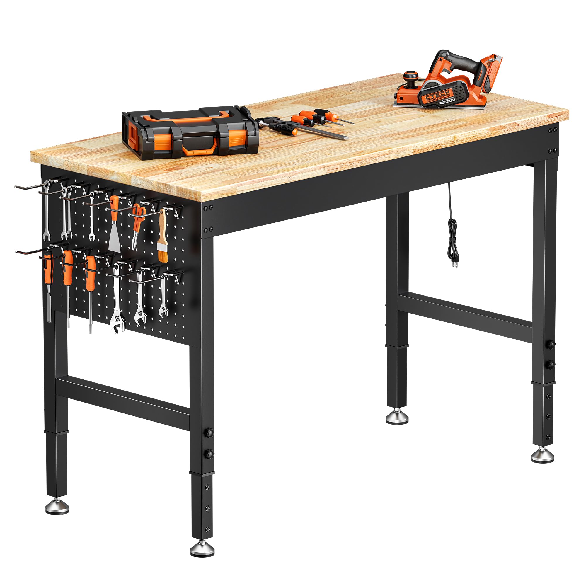Banco de trabajo ajustable de alta resistencia de 121 x 60 cm, capacidad de carga de 2000 libras (907 kg), mesa de trabajo de madera de caucho con tablero de clavijas, regleta de alimentación