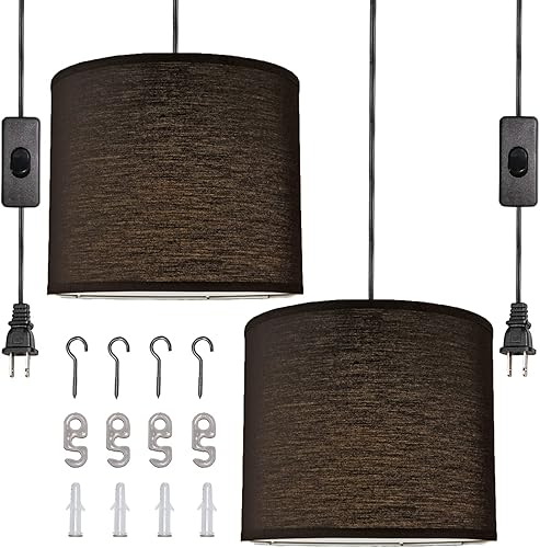 Lámpara colgante enchufable con interruptor de cable de 15 pies y pantallas de lámpara de tambor de lino, juego de 2 lámparas colgantes para sala de