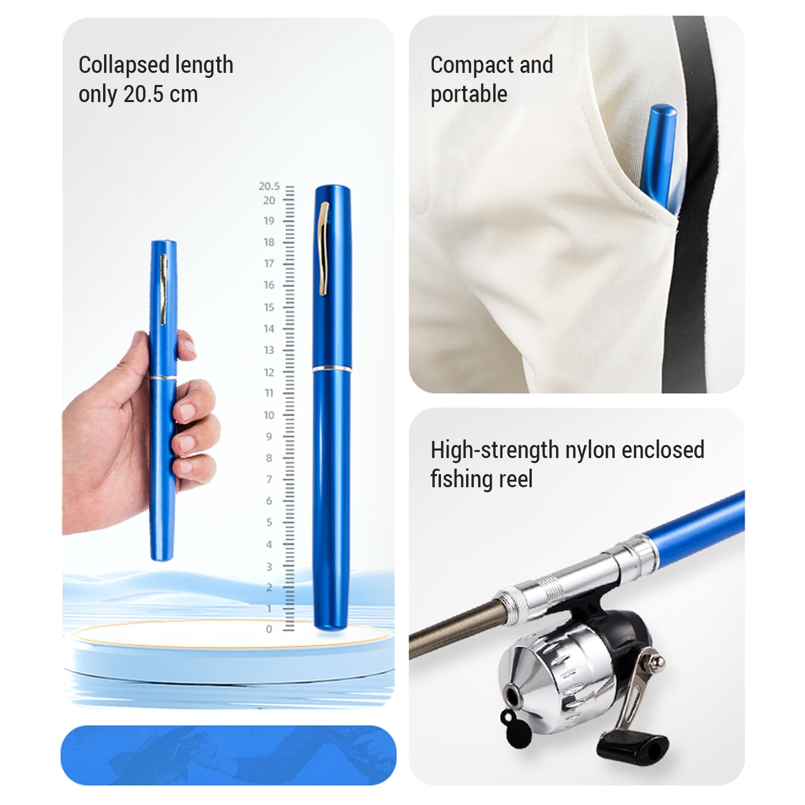 Kit de caña de pescar portátil con bolsillo telescópico para caña de pescar con forma de bolígrafo, carrete giratorio para viajes, agua salada, agua dulce, mar