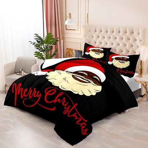 Miniatura 3 de LUVIVIHOME Juego de edredón de Navidad de 3 piezas, tamaño King, divertido ropa de cama de Papá Noel negro afroamericano, decoración de dormitorio
