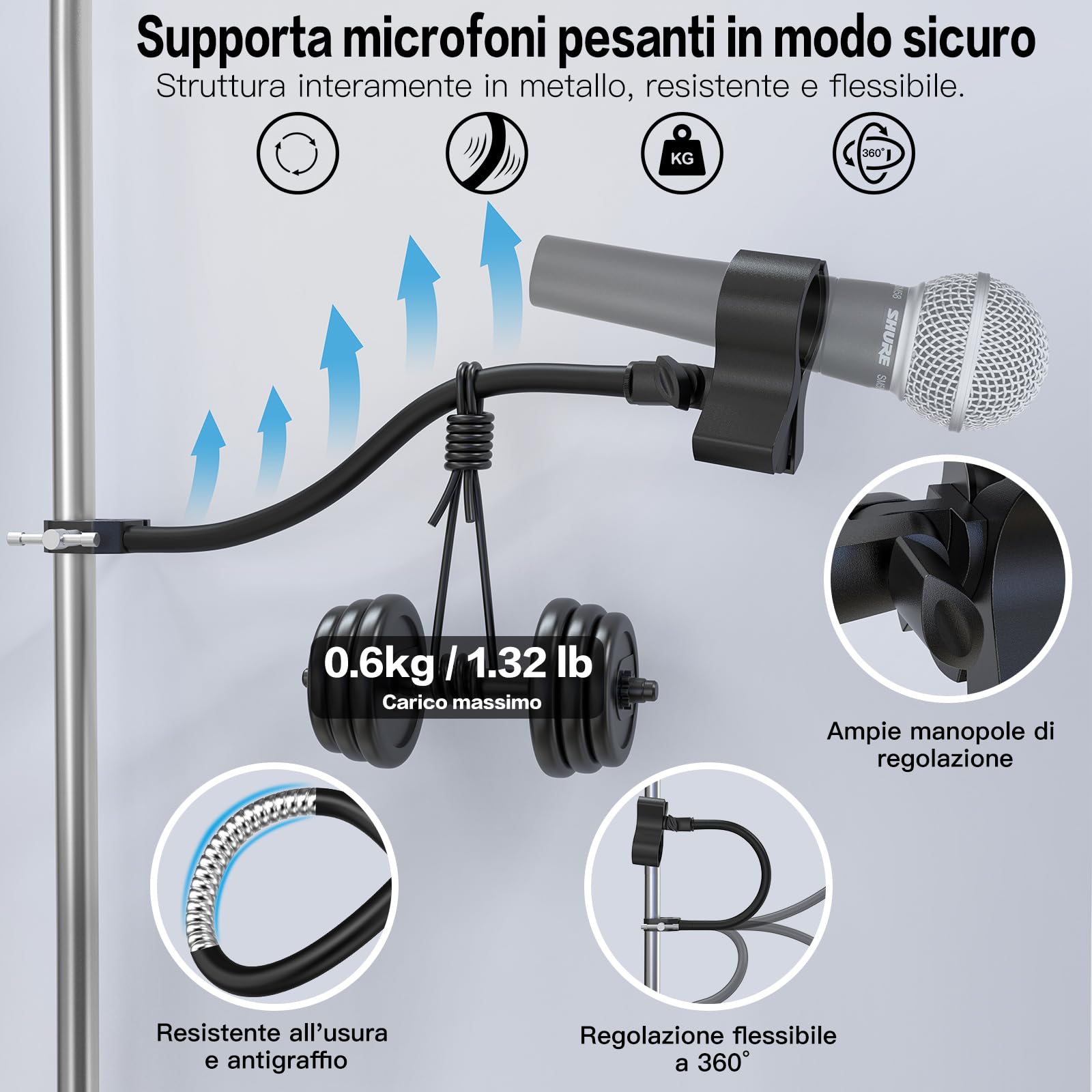 ZealSound Supporto Microfonico con Braccio Flessibile da 13 pollici, Morsetto Heavy-Duty per Tubi e Scrivanie, Gooseneck Regolabile con Clip per Podcast, Compatibile con Blue Snowball, Razer