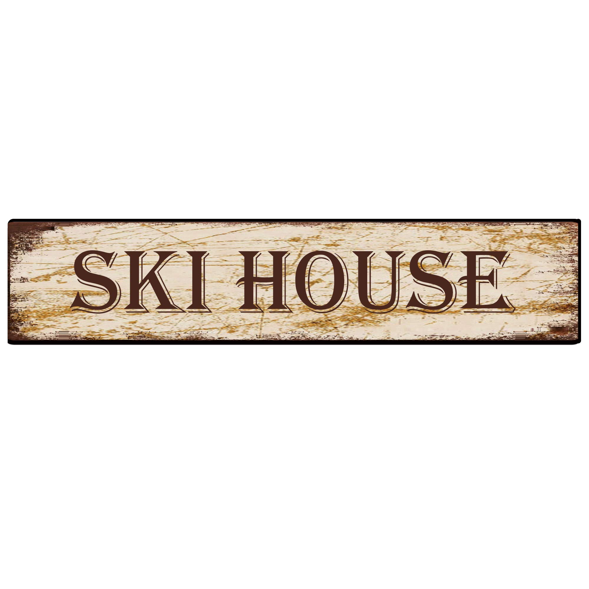 peiyeety Ski House Sign Aluminum Metal Plaque Rustic Tin Sign Retro Wall Decor 4x16 inch