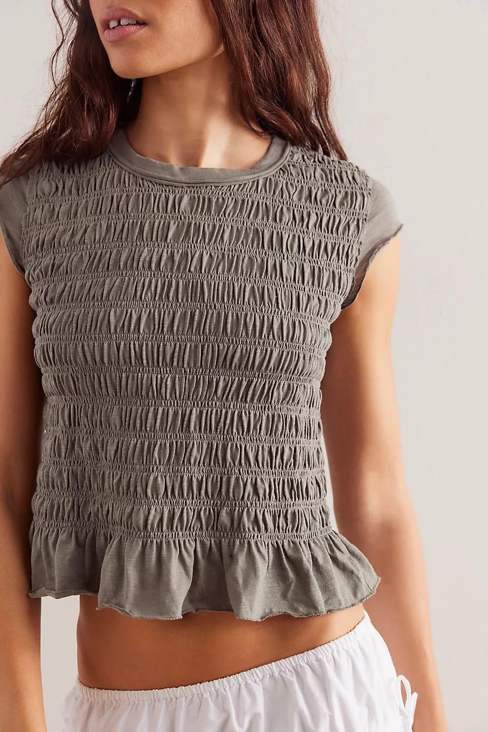 Smocked Tops for Women White Crewneck Cap Sleeve Top Tee Cotton Shirred Ruffle Crop Tank Tops Shirt - Image 3