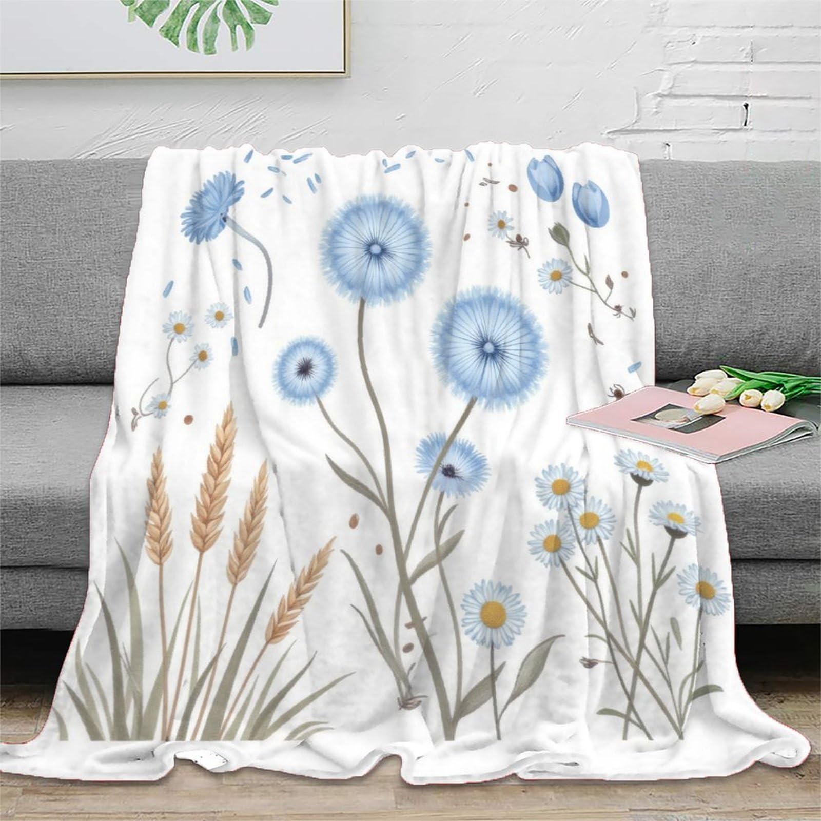 Plaid fleurs de pissenlit 3D en microfibre 150x200cm pour voyage et camping