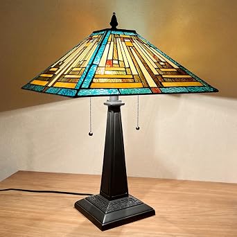 Tiffany Table Lamp 2-Lights Mission Style Stained Glass Desk Light | Handcrafts Antique Nightstand Bedside Lamp for Living room Bedroom Study and Office W16"xH23"