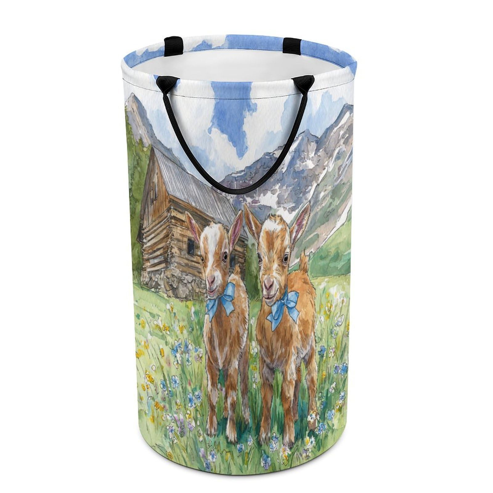 LUYYSKY Retro Realistic Cute Sheep Collapsible Dirty Clothes Basket, Classic Oil Painting Spring Farm Log Cabin Animals Alpaca Floral Portable Clothes Storage Basket