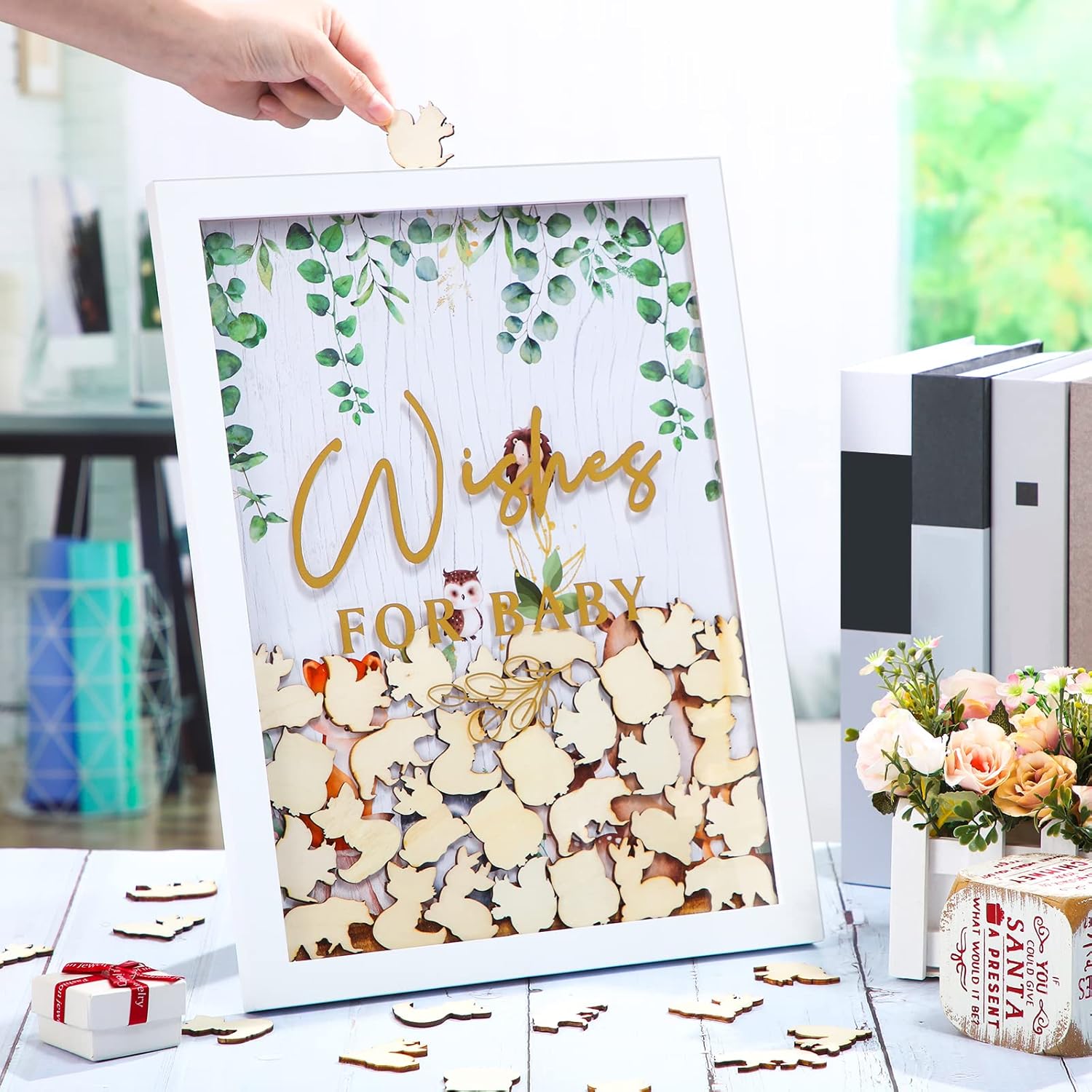 Unittype 71 Pcs 15.8x11.8x0.6inch Baby Shower Guest Book Alternative with 70 Wood Slices Set Baby Shower Decoration Photo Frame Signature Keepsakes for Birthday Table Centerpiece(Green,Woodland)