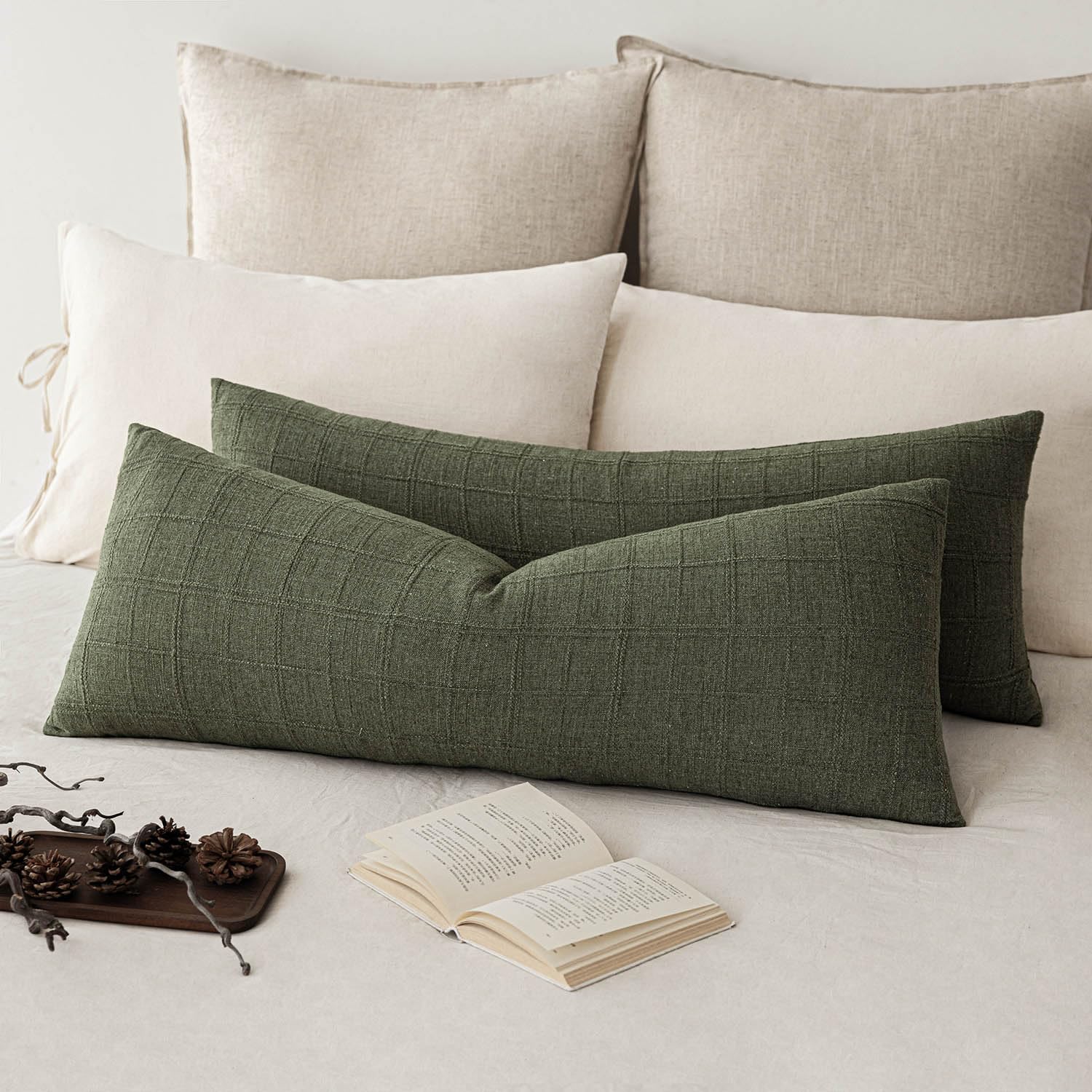 Foindtower Long Linen Check Lumbar Throw Pillow Cover 14×36 Cream White