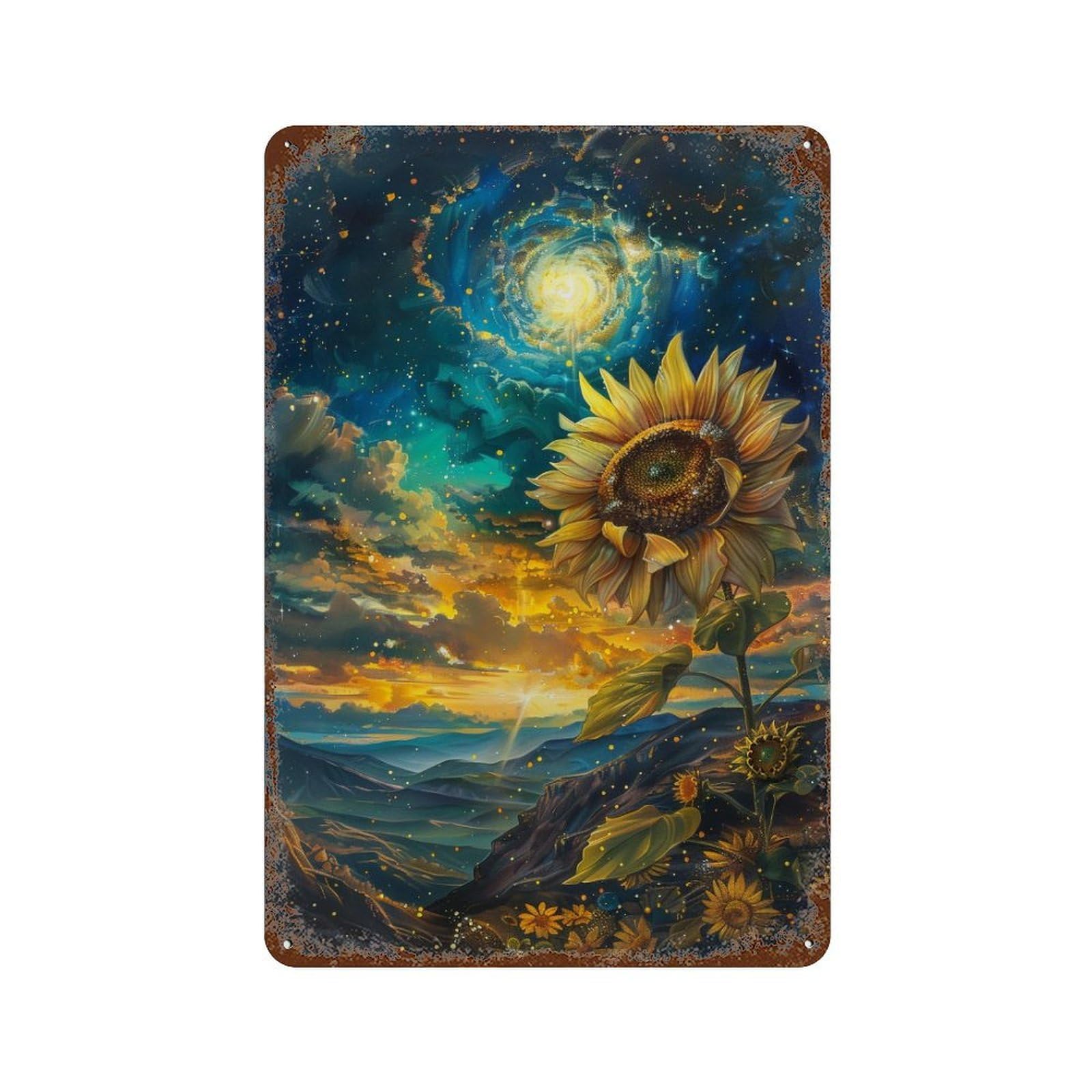 Cosmic Sunflower Landscape Distressed Metal Wall Sign 11.8"x7.9", Ideal for Patio, Garden Room And Bar Decor